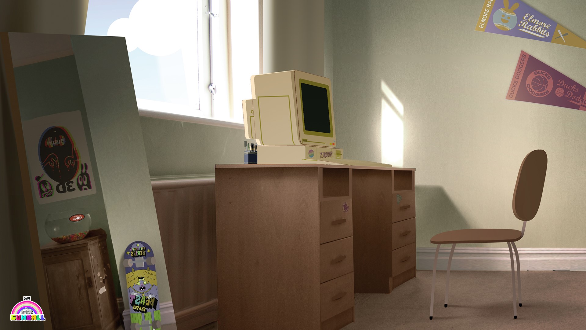 Gumball and Darwin's room with computer and skateboard HD Wallpaper