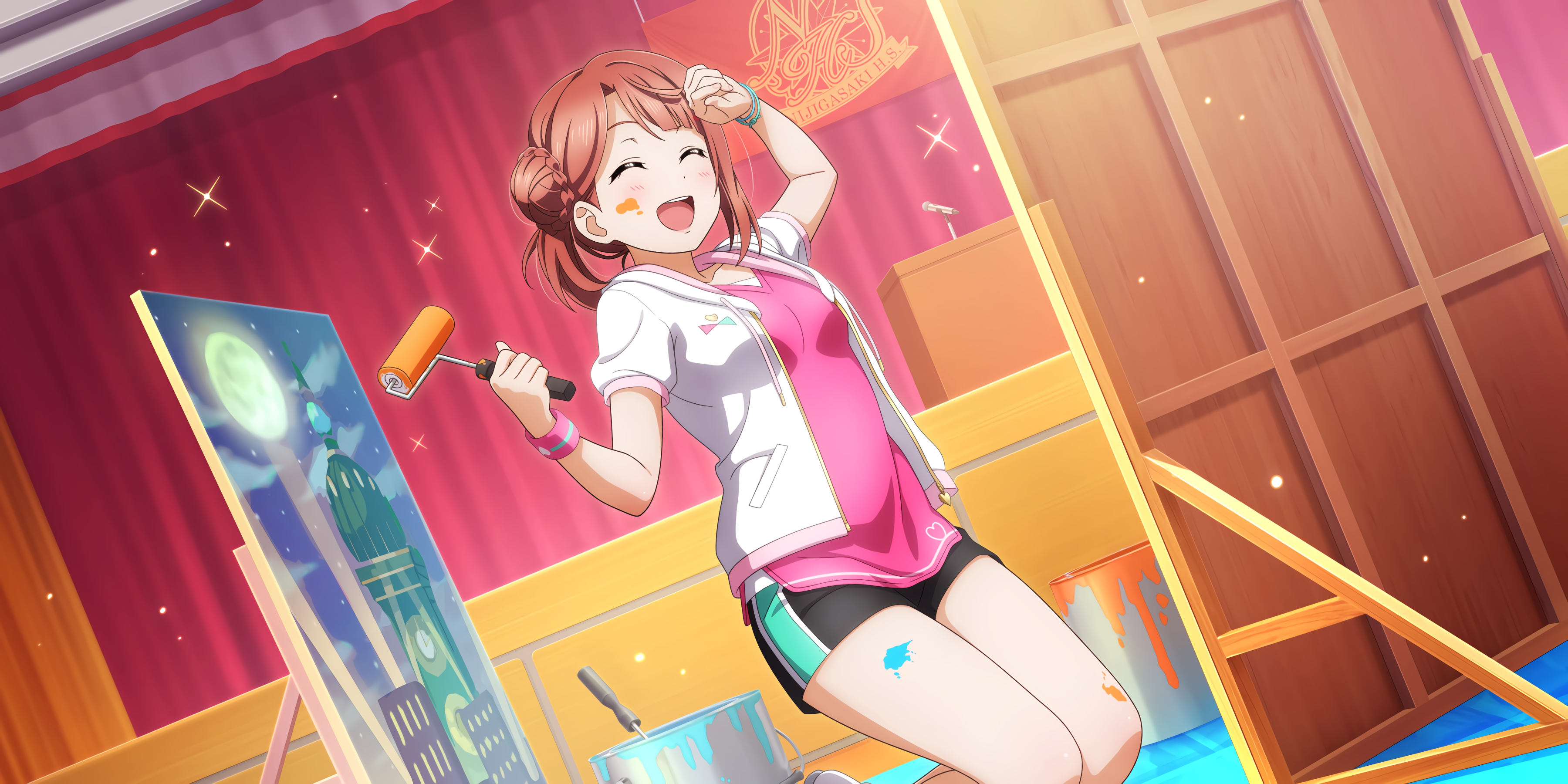 Uehara Ayumu from Love Live! painting a cityscape HD Wallpaper