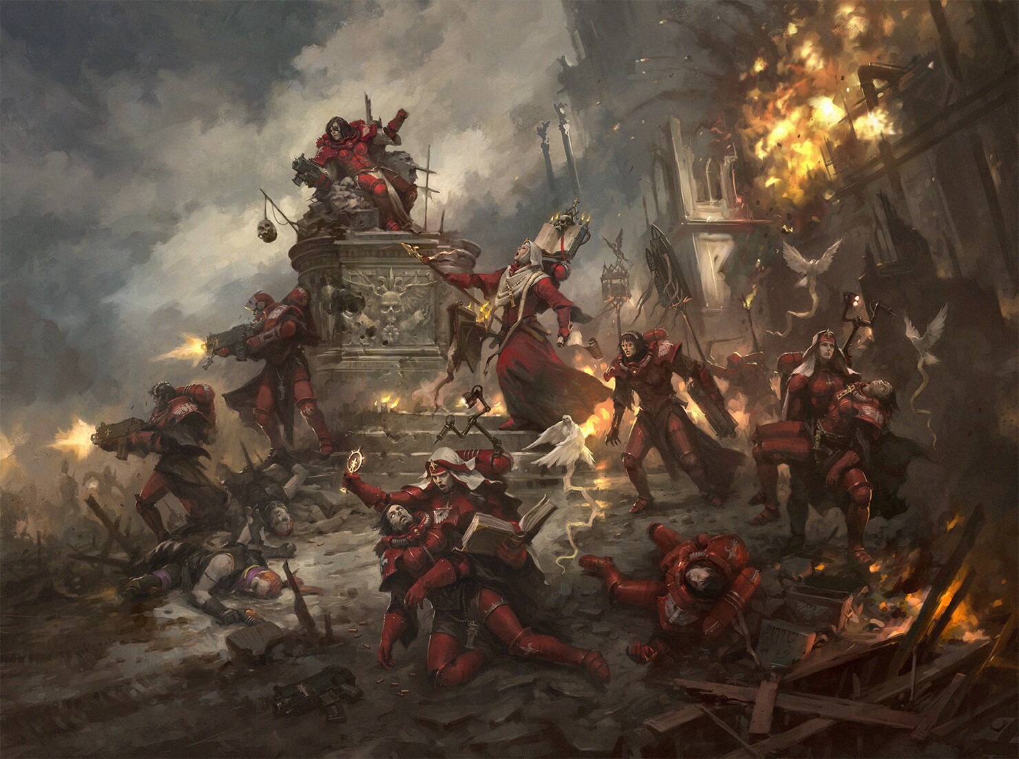 Adepta Sororitas from Warhammer 40,000 in battle HD Wallpaper