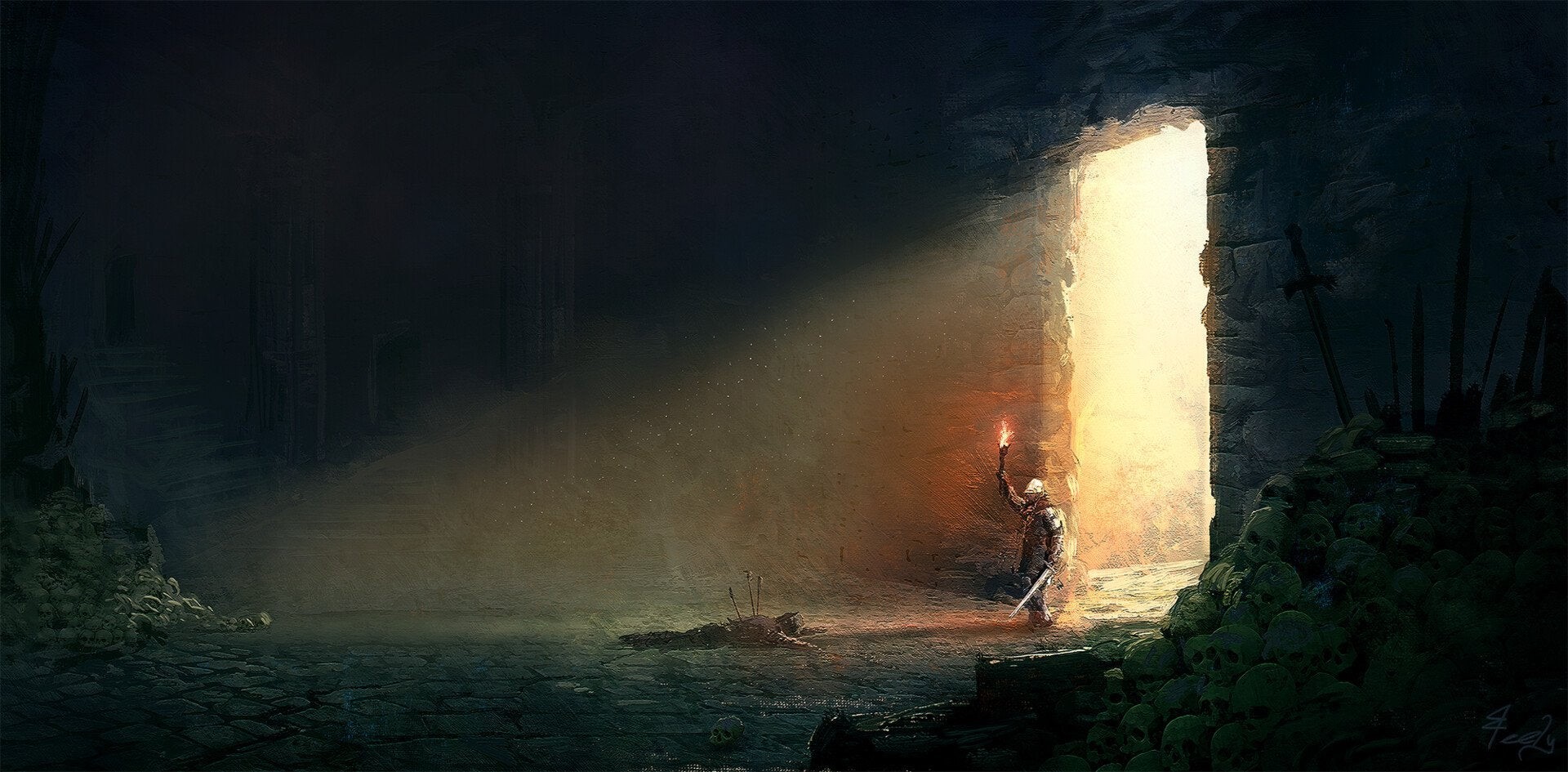 Knight with Torch in Dark Cave from Dark Souls HD Wallpaper