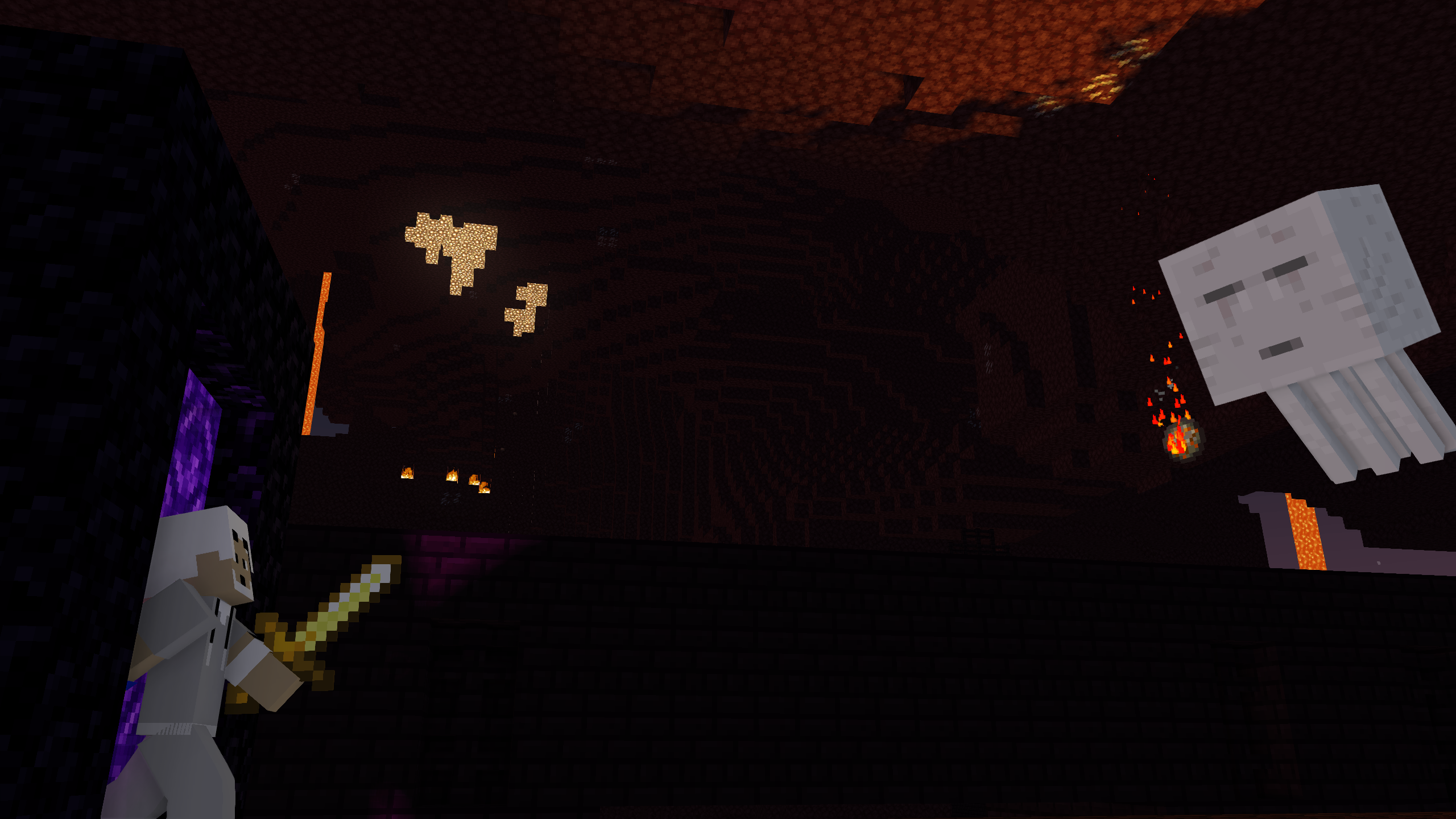 Minecraft Nether Portal with Ghast and Player HD Wallpaper
