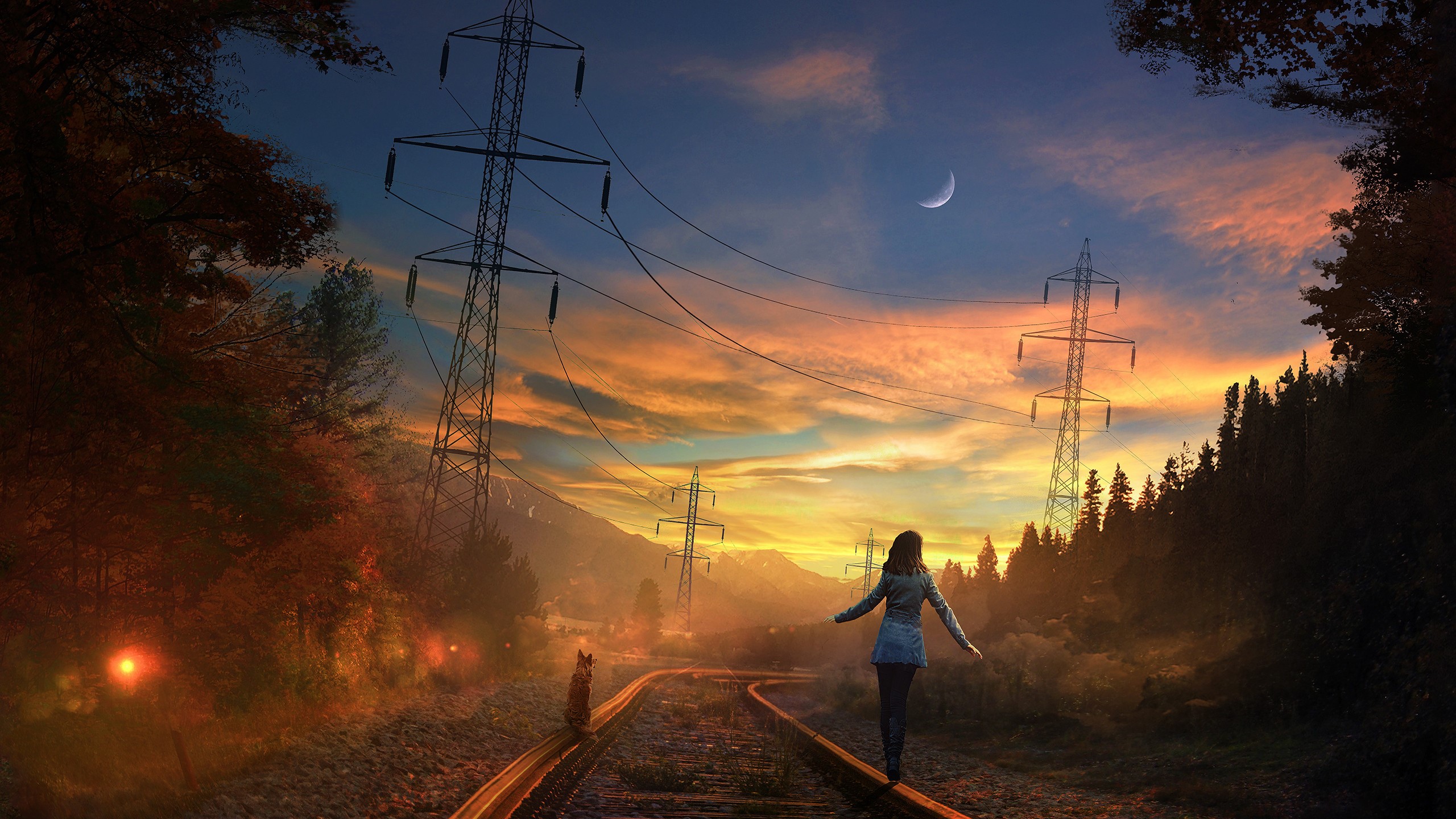 Woman walking on railway tracks at sunset with power lines and moon HD Wallpaper