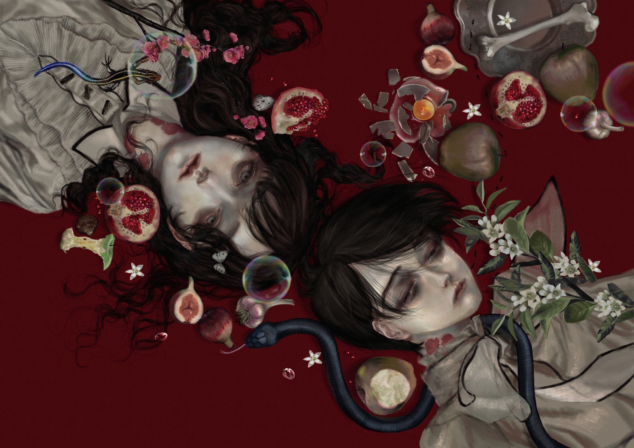 Fantasy art of two figures with fruits and a snake HD Wallpaper