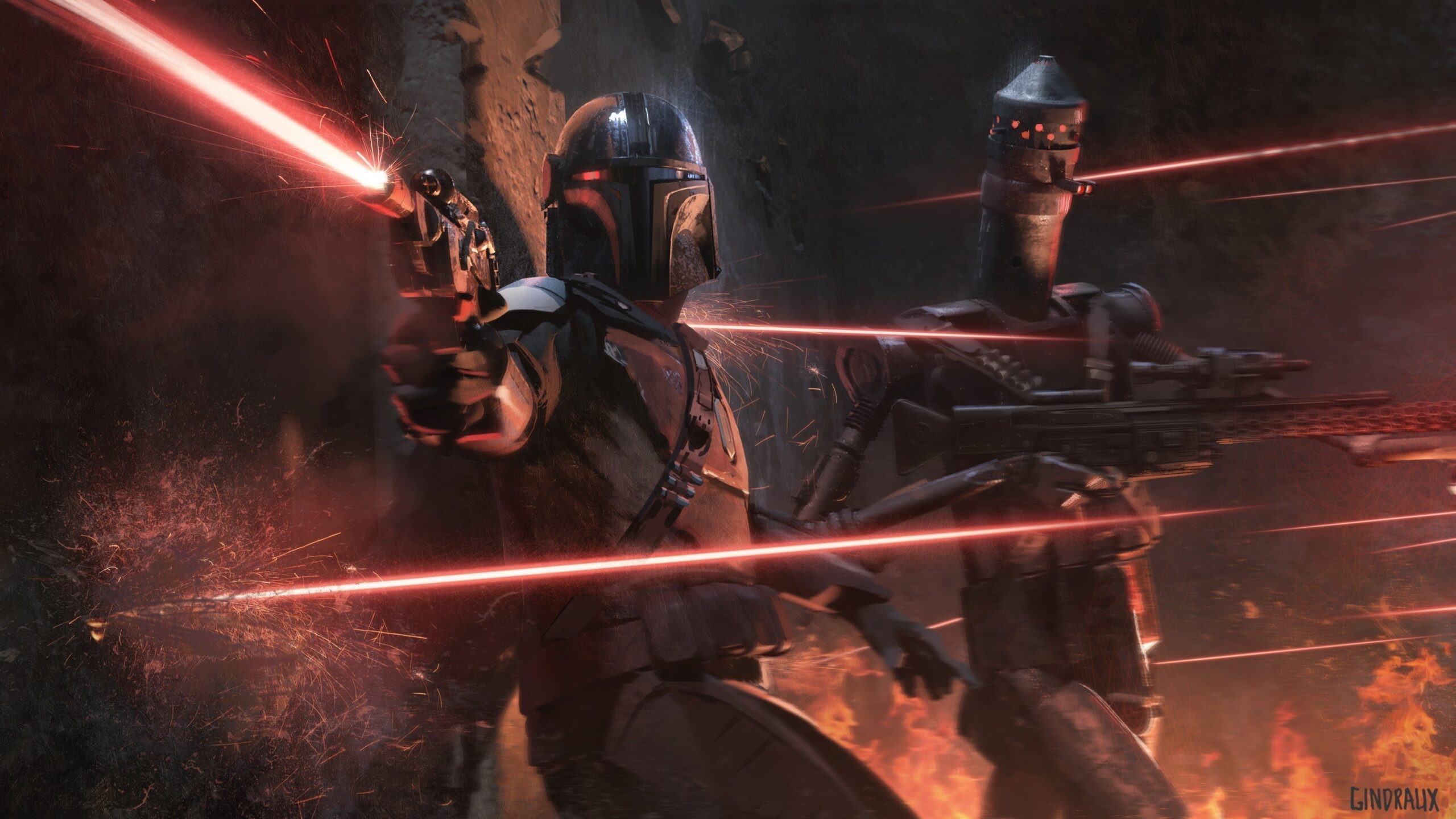 The Mandalorian and IG-11 in battle from Star Wars HD Wallpaper