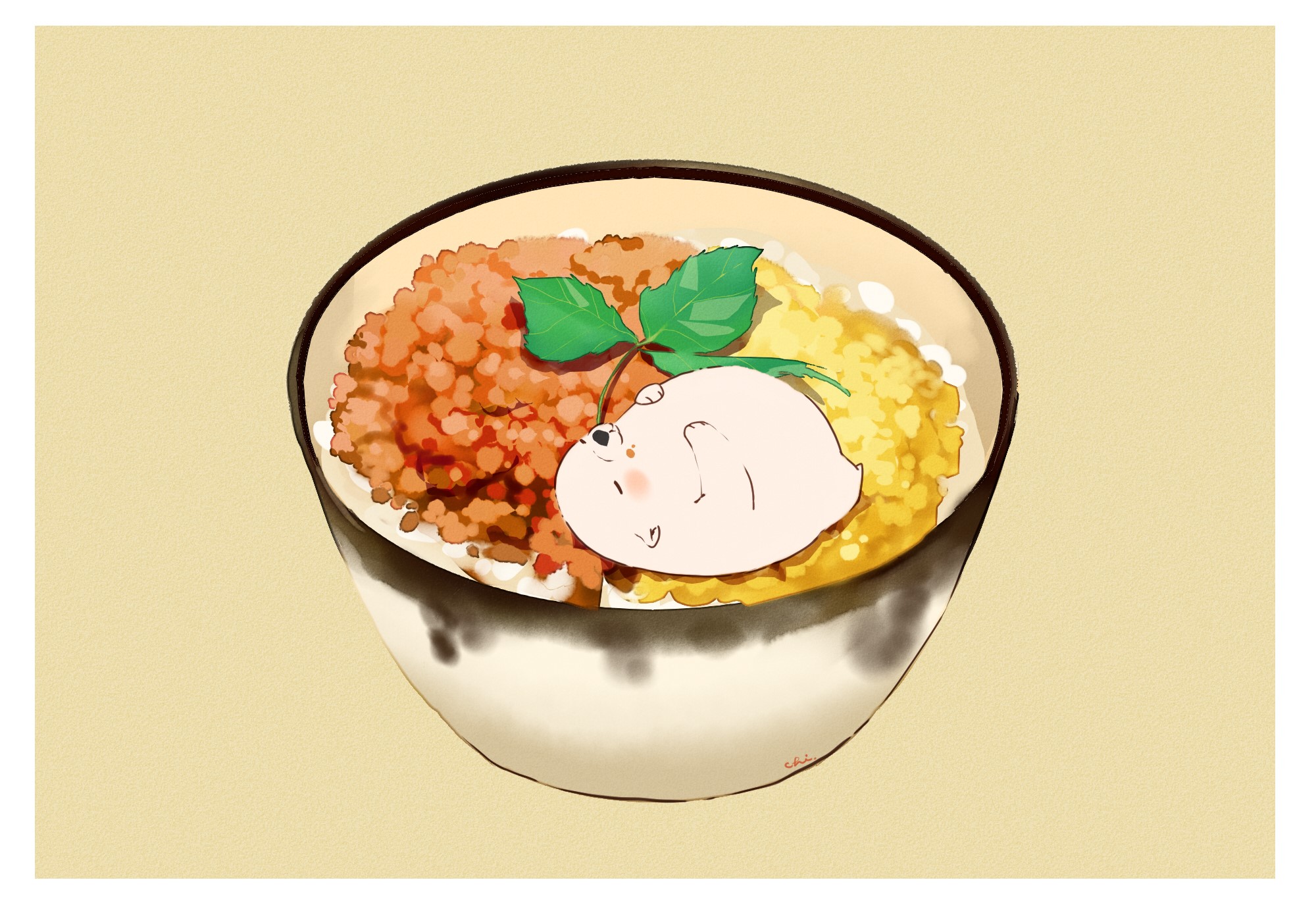 Cute character sleeping on food in a bowl HD Wallpaper