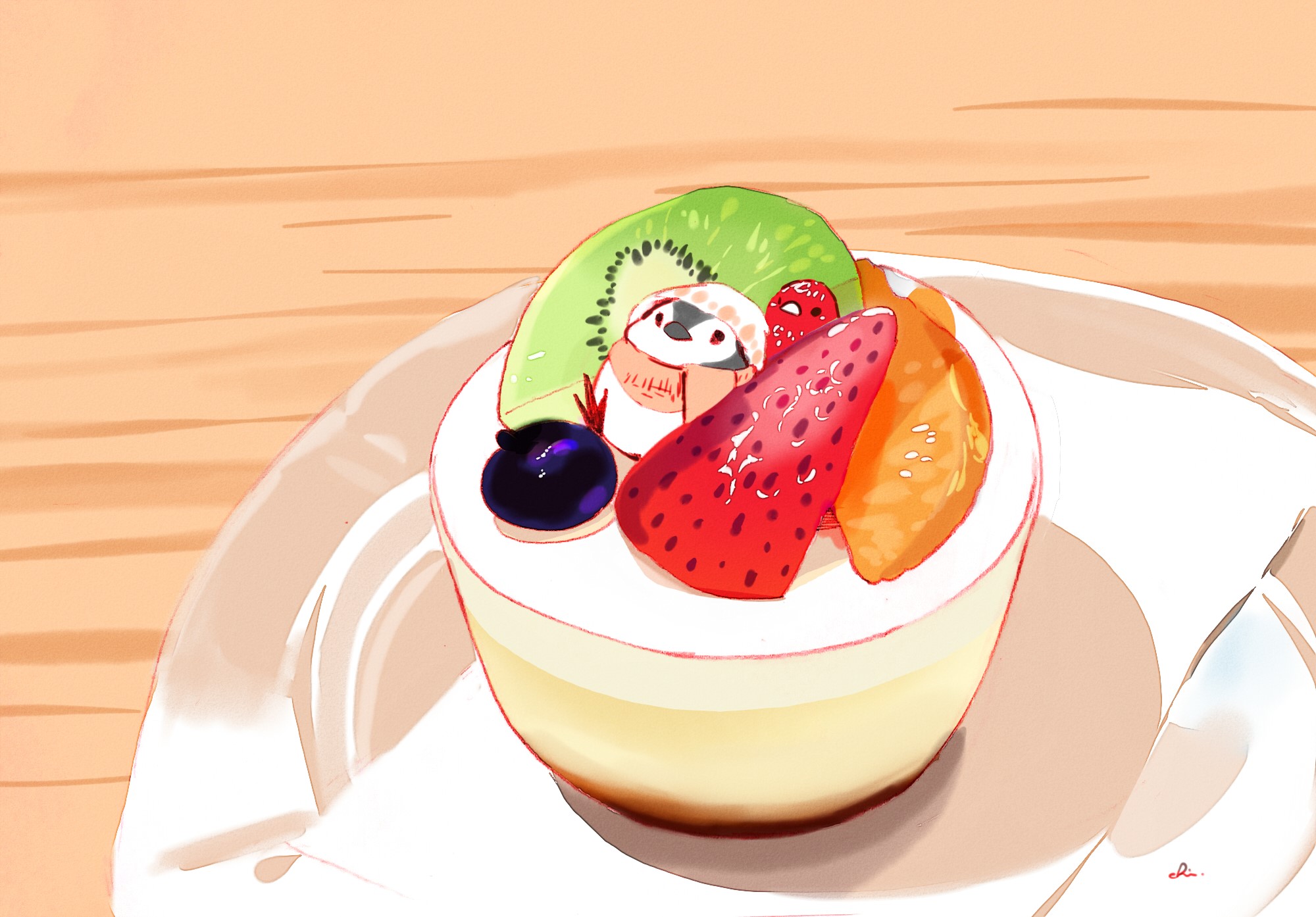 Cute bird on a fruit tart HD Wallpaper