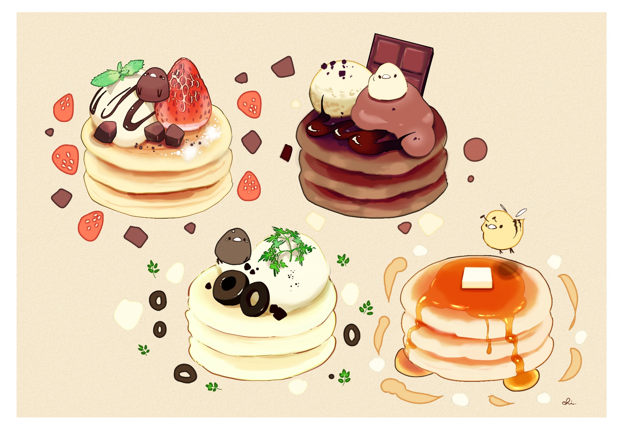 Cute birds and bees on pancakes with strawberries and chocolate HD Wallpaper