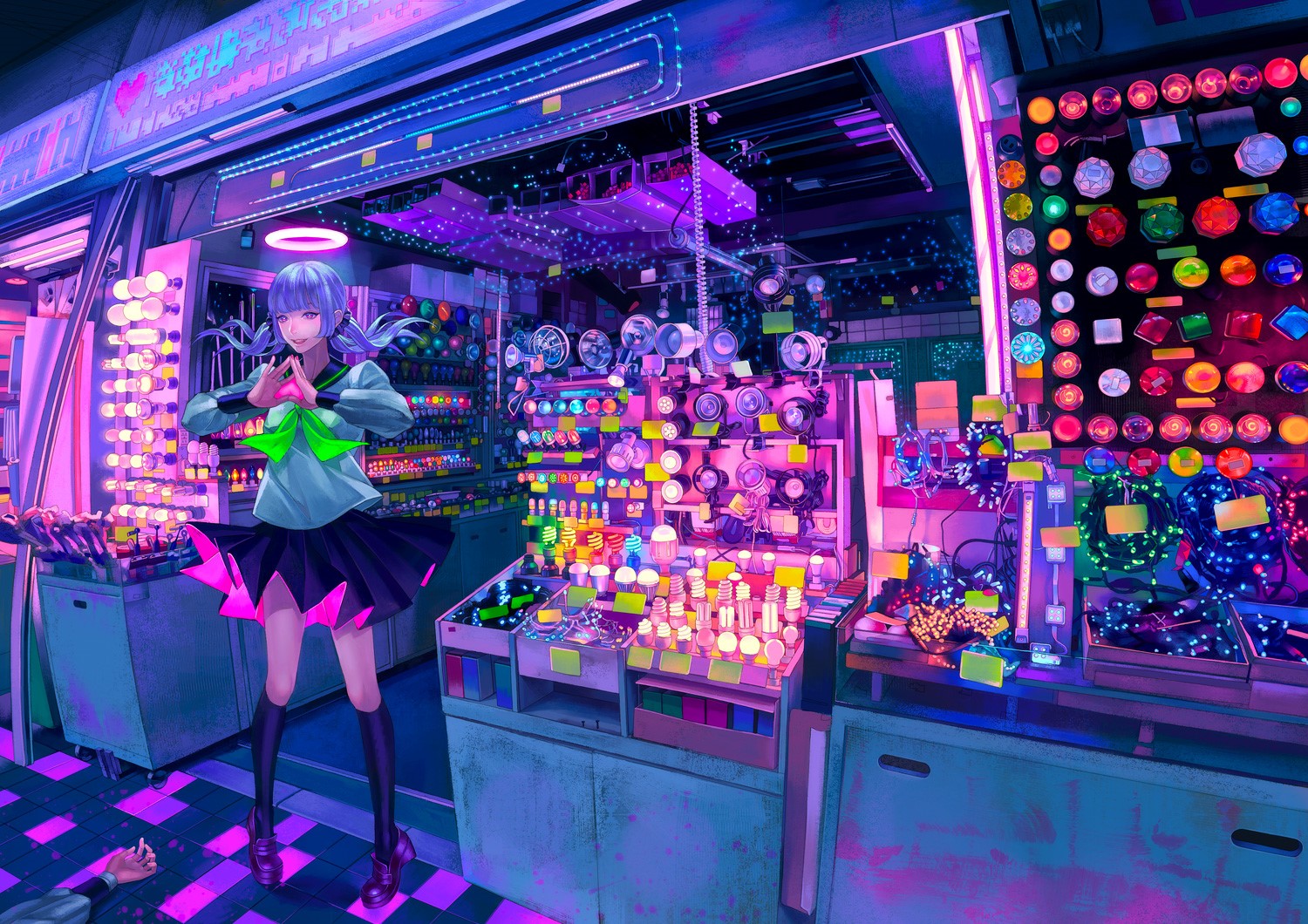 Anime girl in cyberpunk shop with lights HD Wallpaper