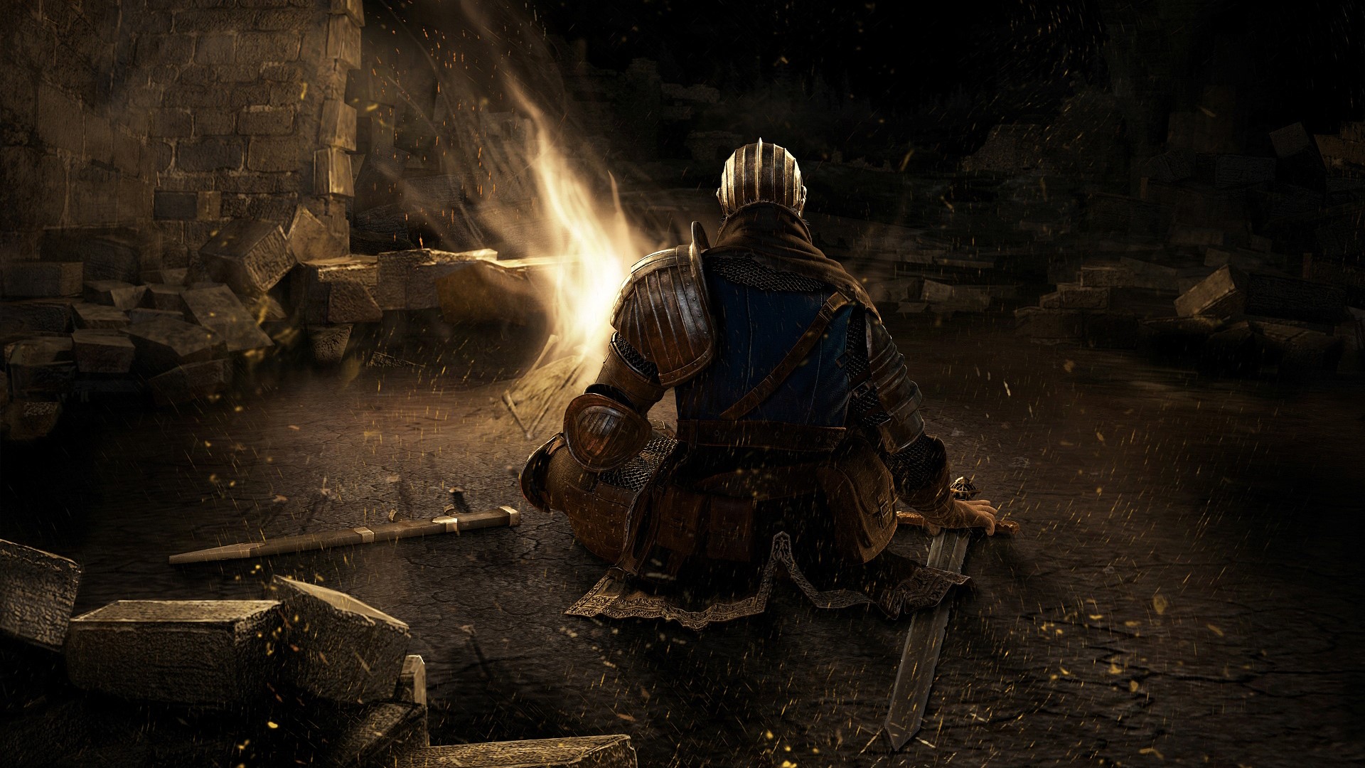 Knight sitting by a bonfire in Dark Souls HD Wallpaper