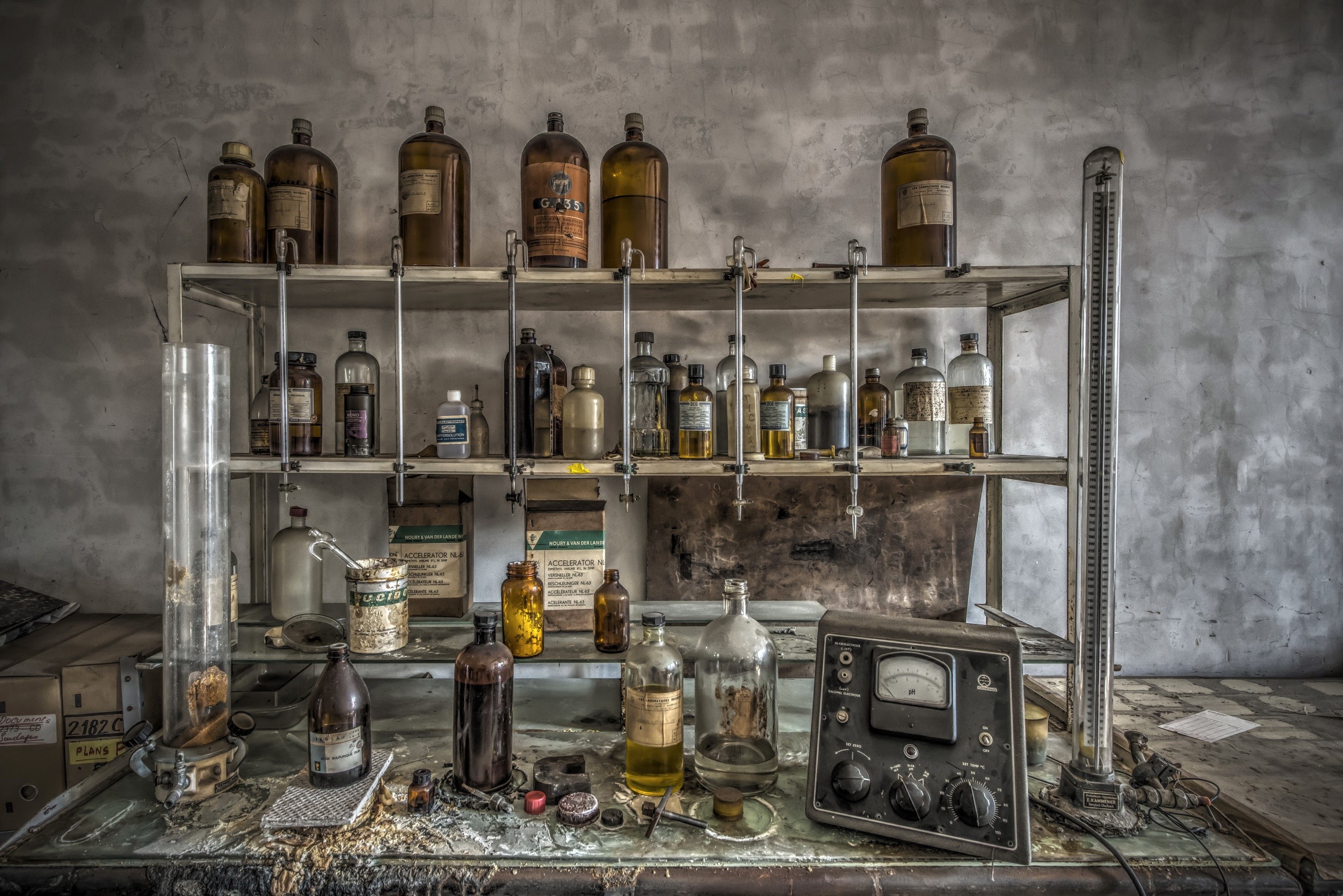 Old laboratory with bottles and equipment HD Wallpaper
