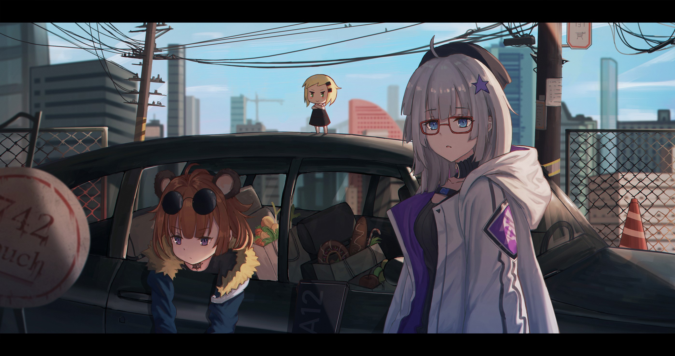 Anime girls with a car in a city HD Wallpaper
