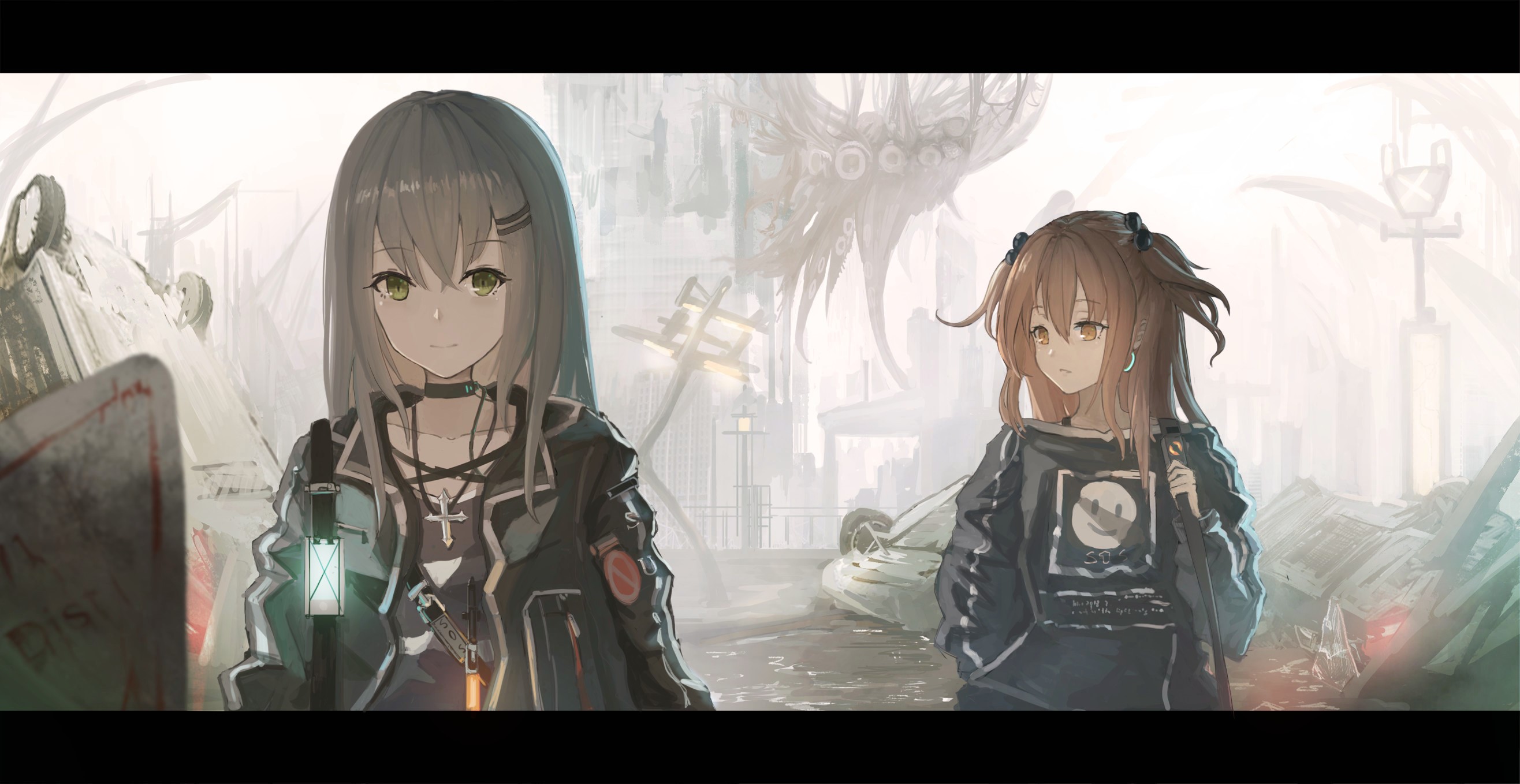 Two anime girls in a ruined city HD Wallpaper