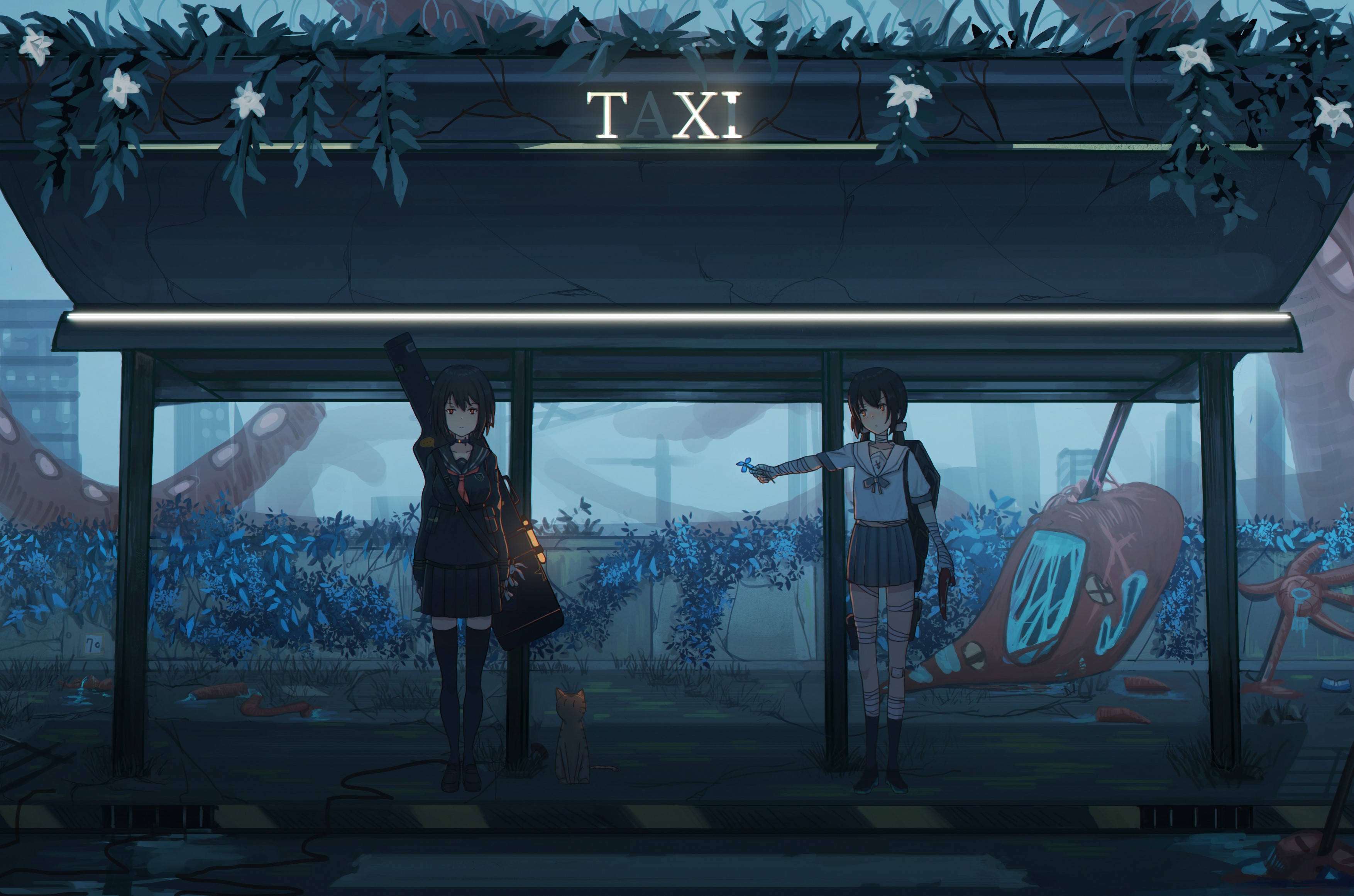 Two anime girls at a bus stop with a crashed helicopter HD Wallpaper