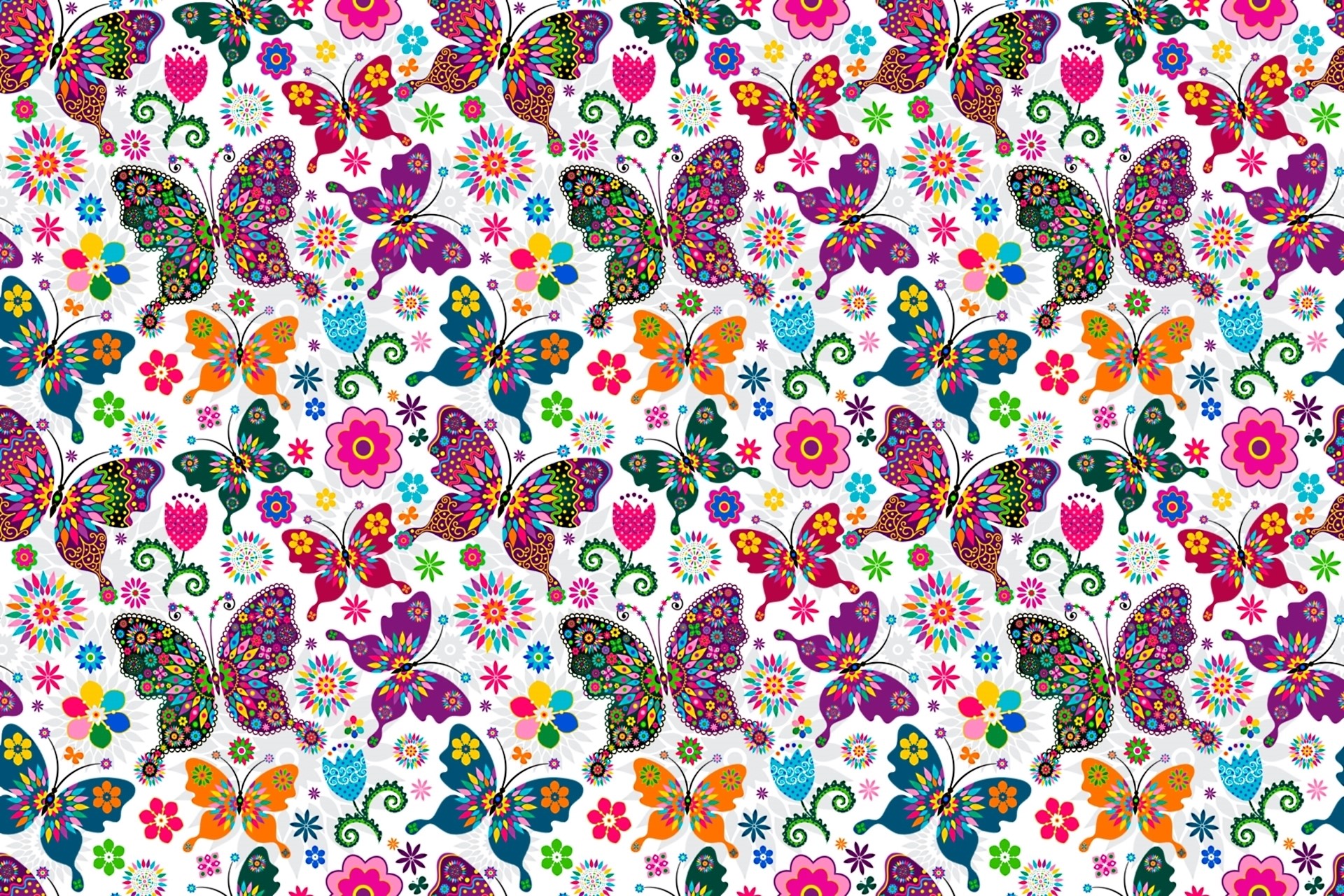 Colorful butterflies and flowers pattern HD Wallpaper