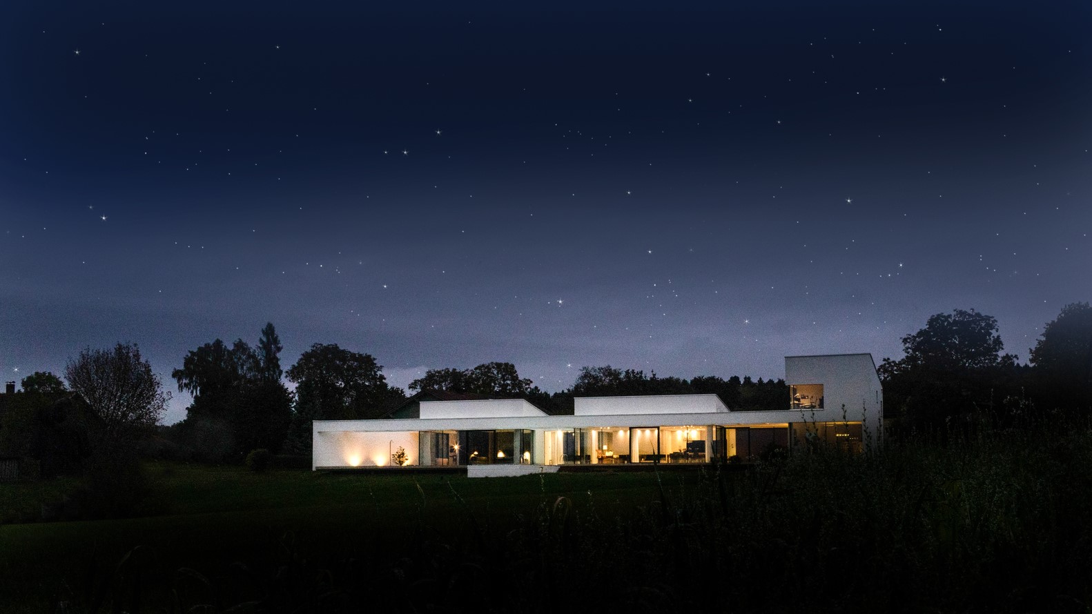 Modern house at night with stars HD Wallpaper