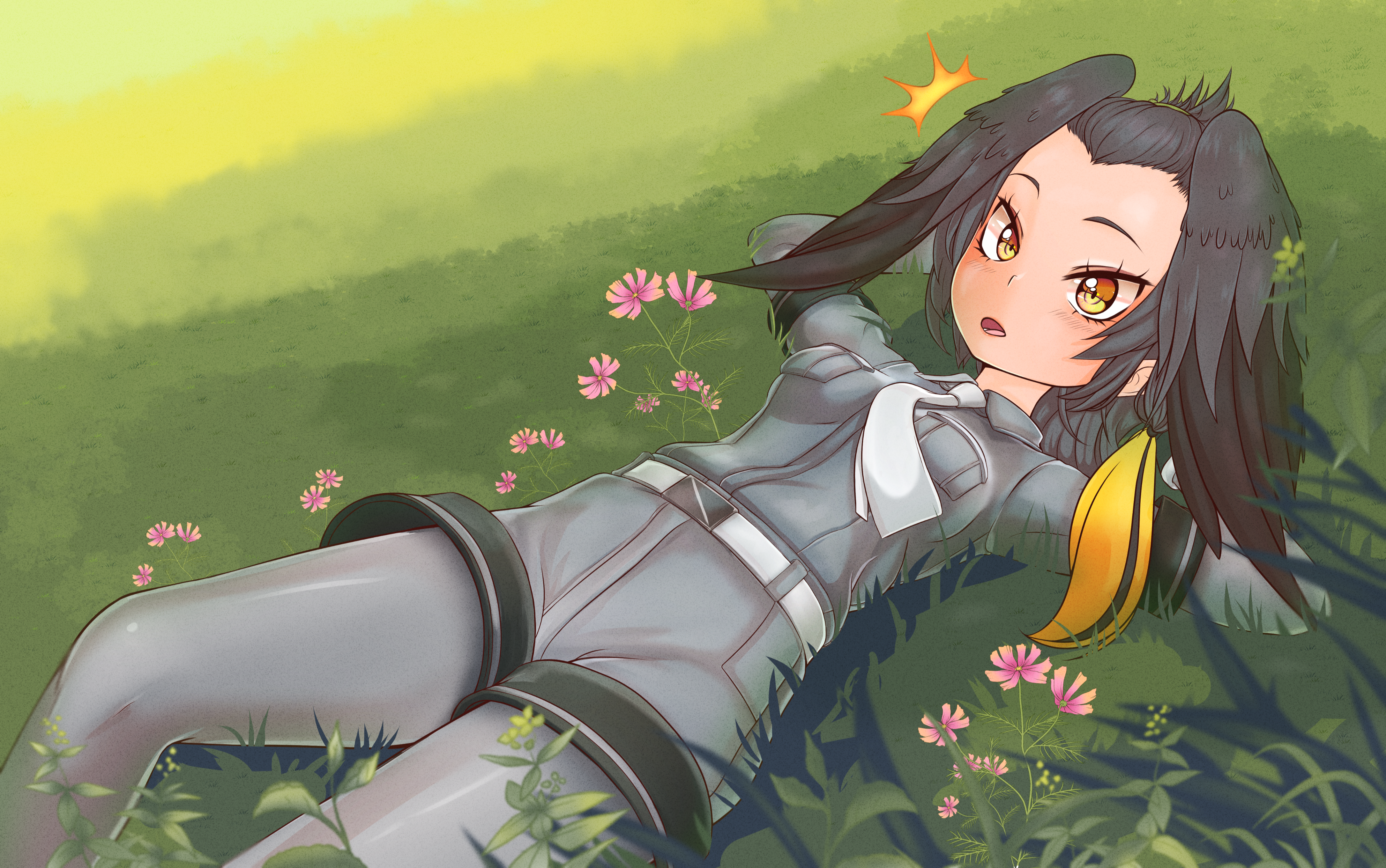 Shoebill from Kemono Friends lying in grass HD Wallpaper