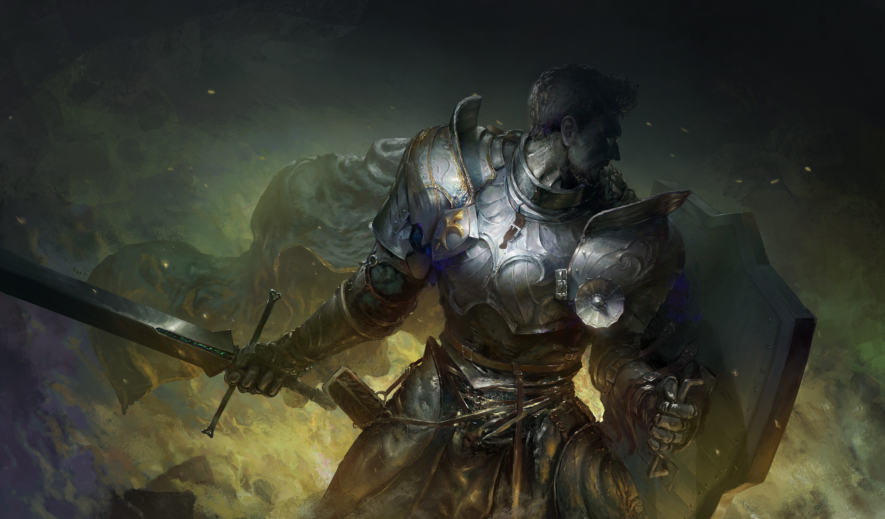 Knight in shining armor holding a sword and shield HD Wallpaper