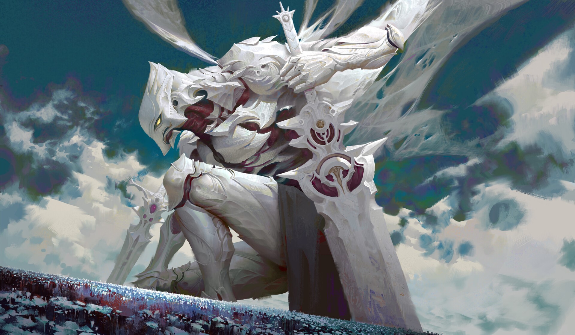 White armored creature with sword in field of flowers HD Wallpaper