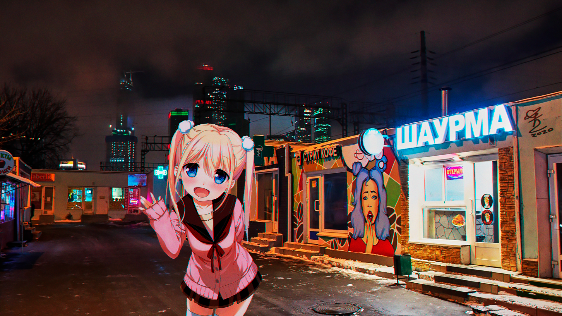 Anime girl in front of a shawarma stand at night in Moscow HD Wallpaper