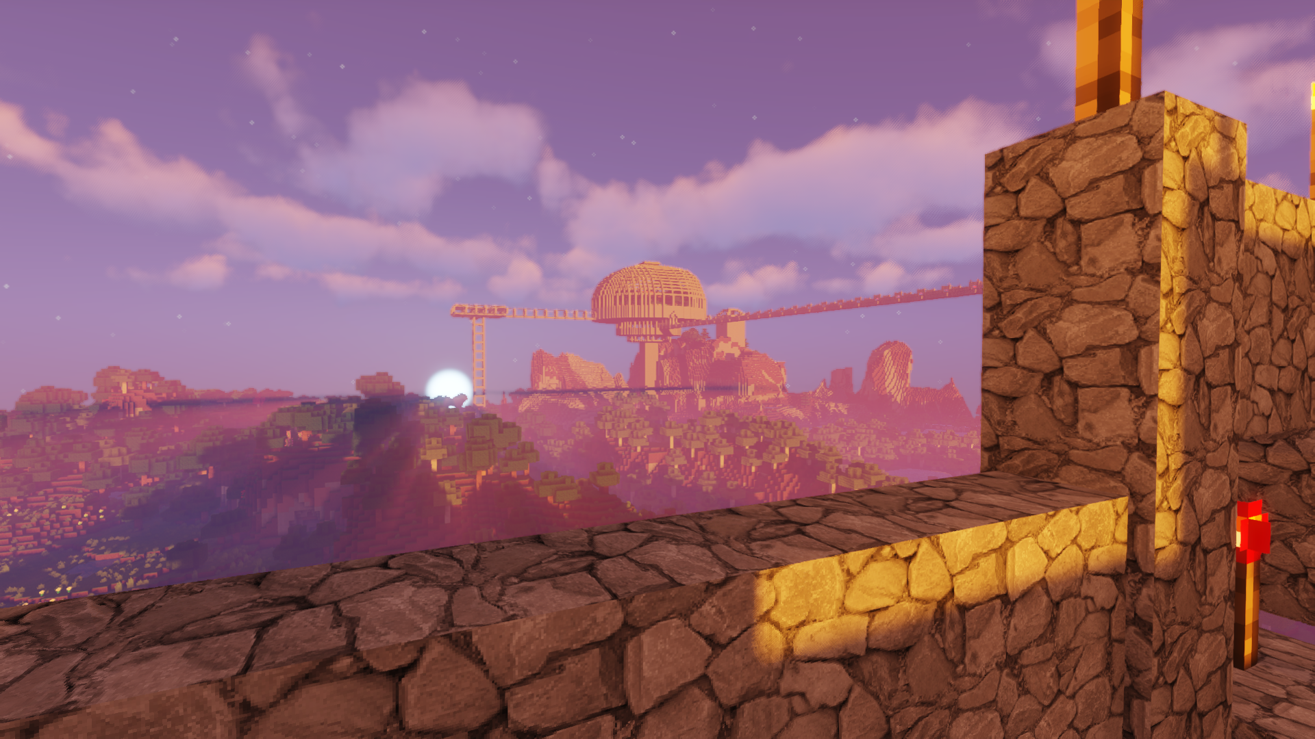 Video game landscape with futuristic structures at sunset HD Wallpaper