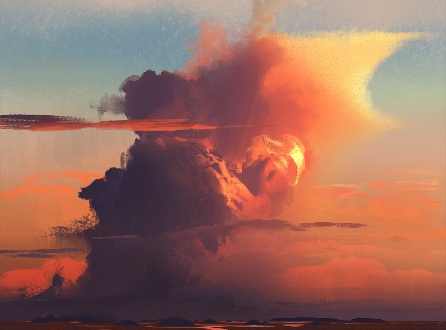 Digital painting of a dramatic sunset with large clouds HD Wallpaper