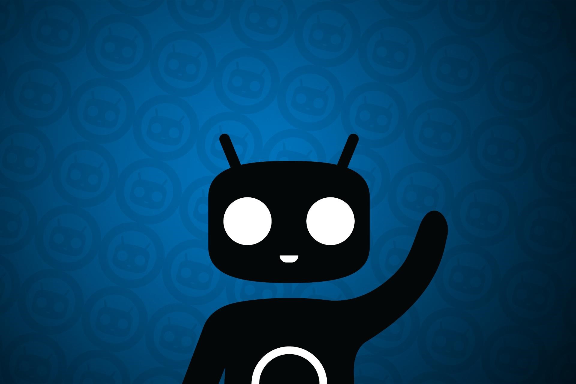 Black robot with white eyes waving on blue background HD Wallpaper