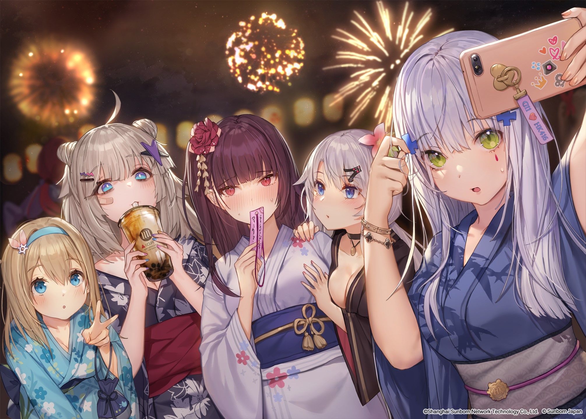 Girls Frontline anime girls taking a selfie at fireworks HD Wallpaper