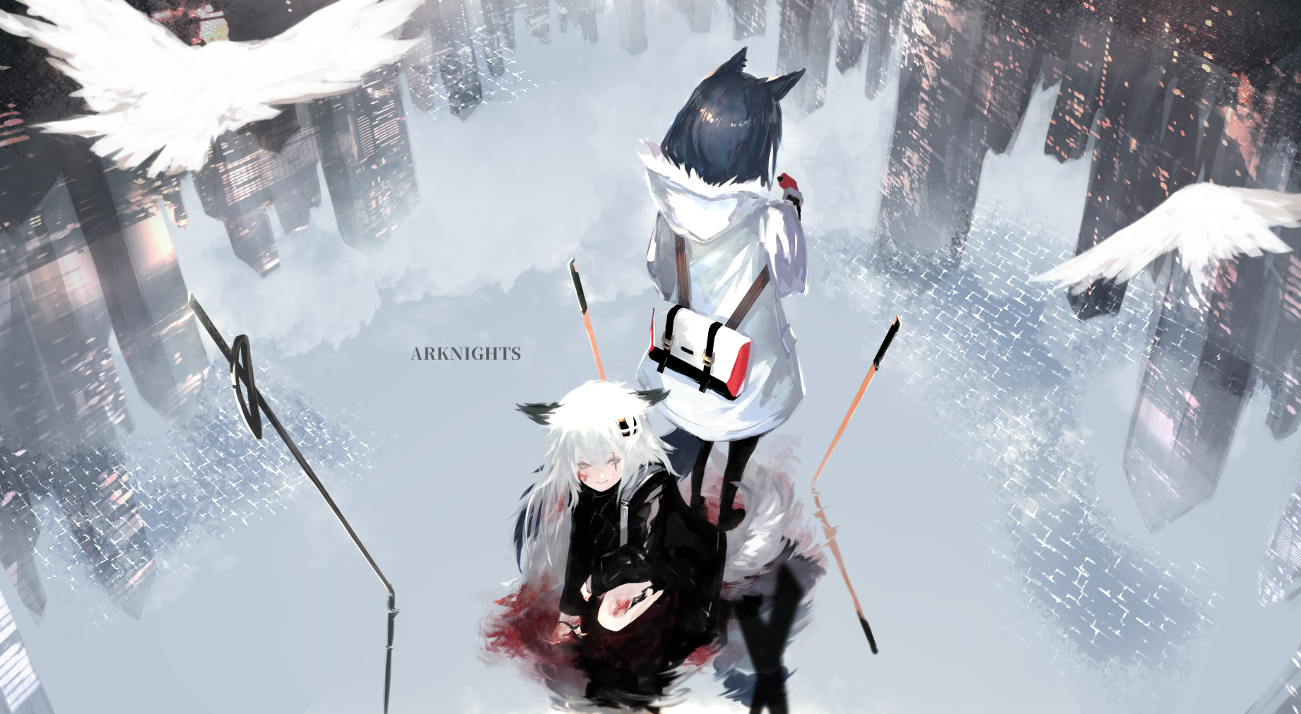 Lappland and Texas from Arknights in a surreal city HD Wallpaper
