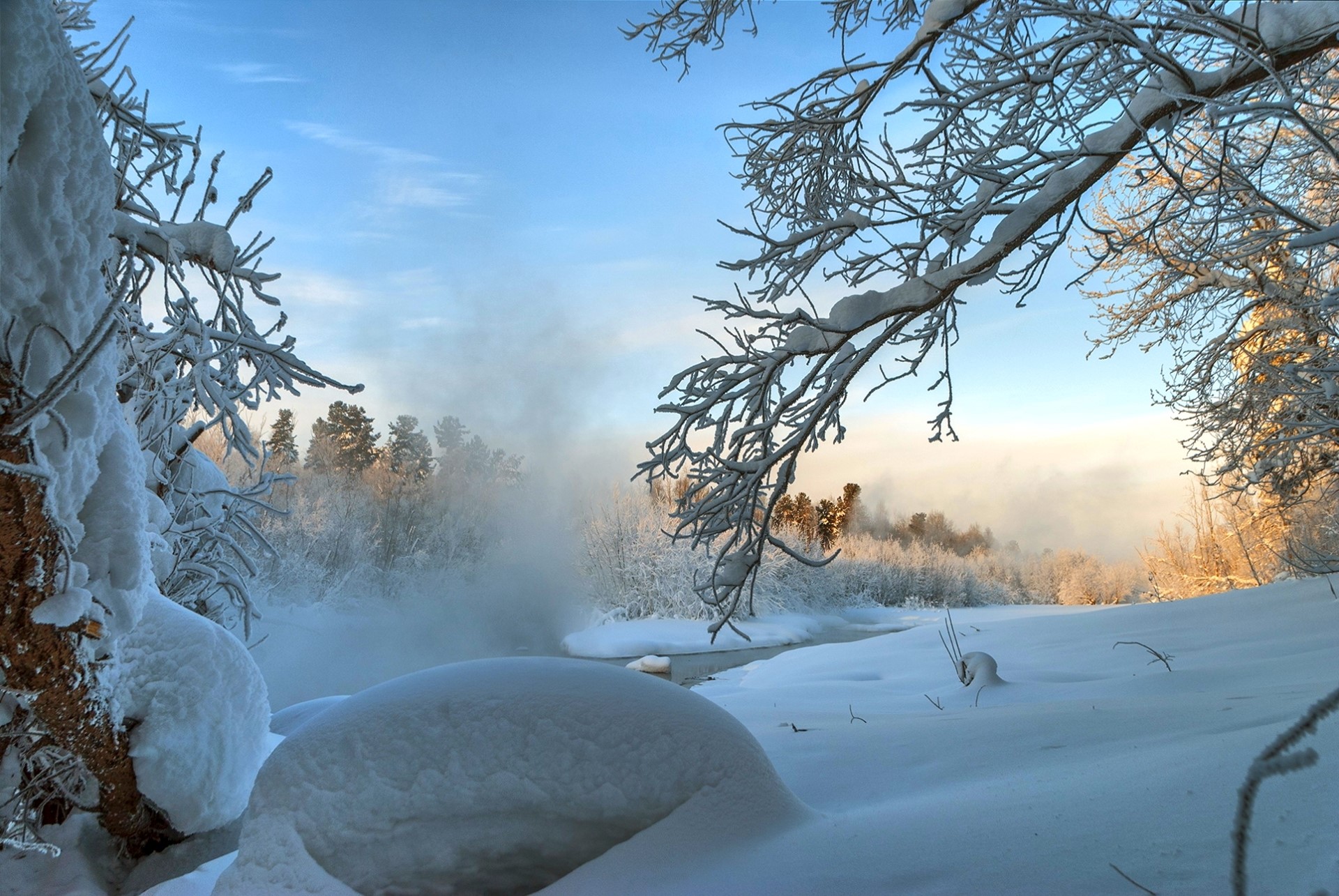 Snowy winter landscape with a river and trees HD Wallpaper