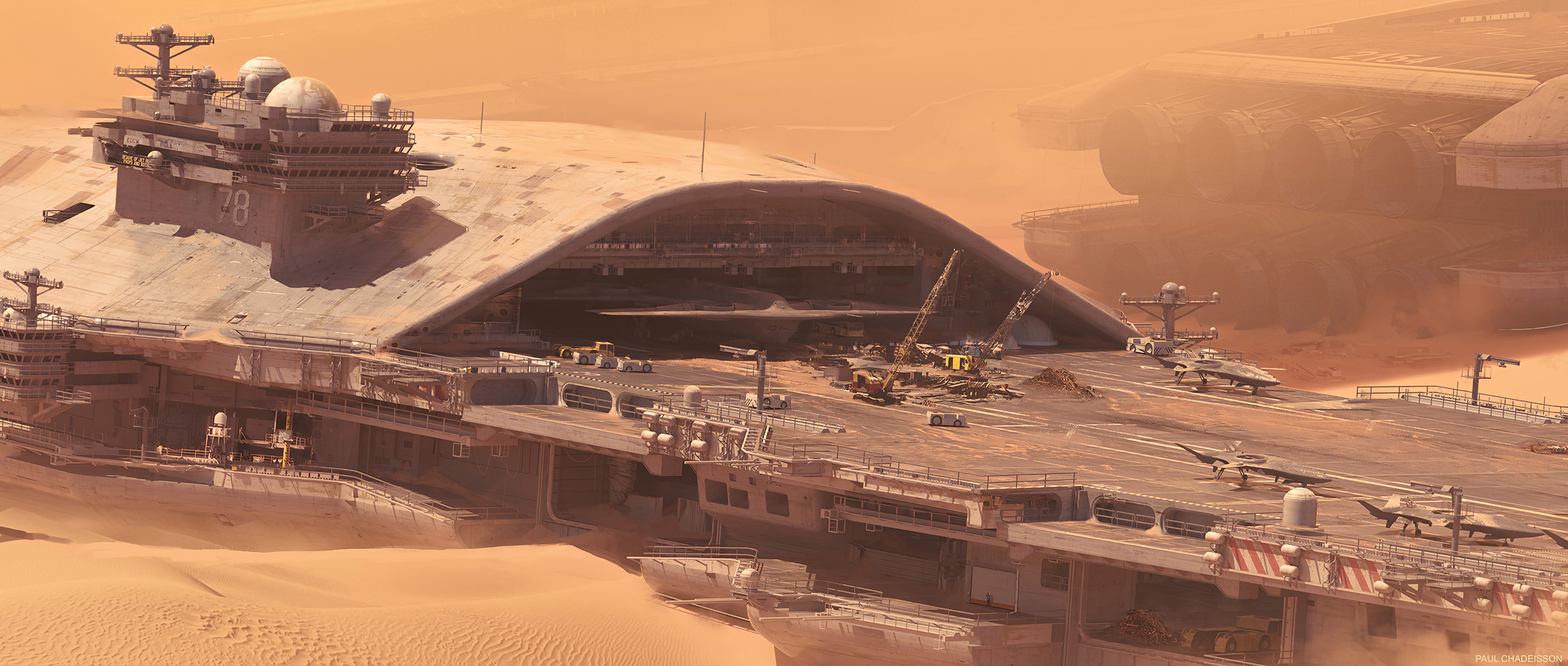 Aircraft carrier in a desert landscape HD Wallpaper