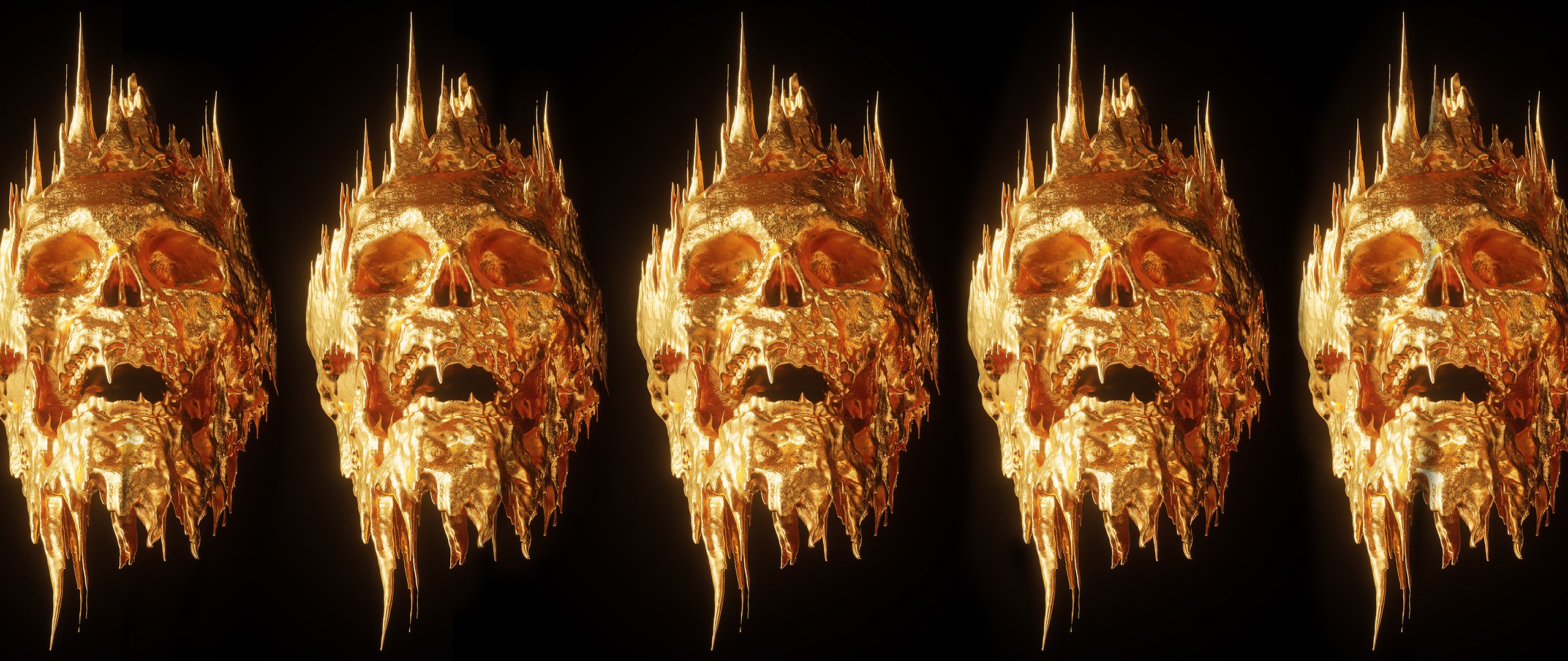 Five golden melting skulls with sharp spikes HD Wallpaper