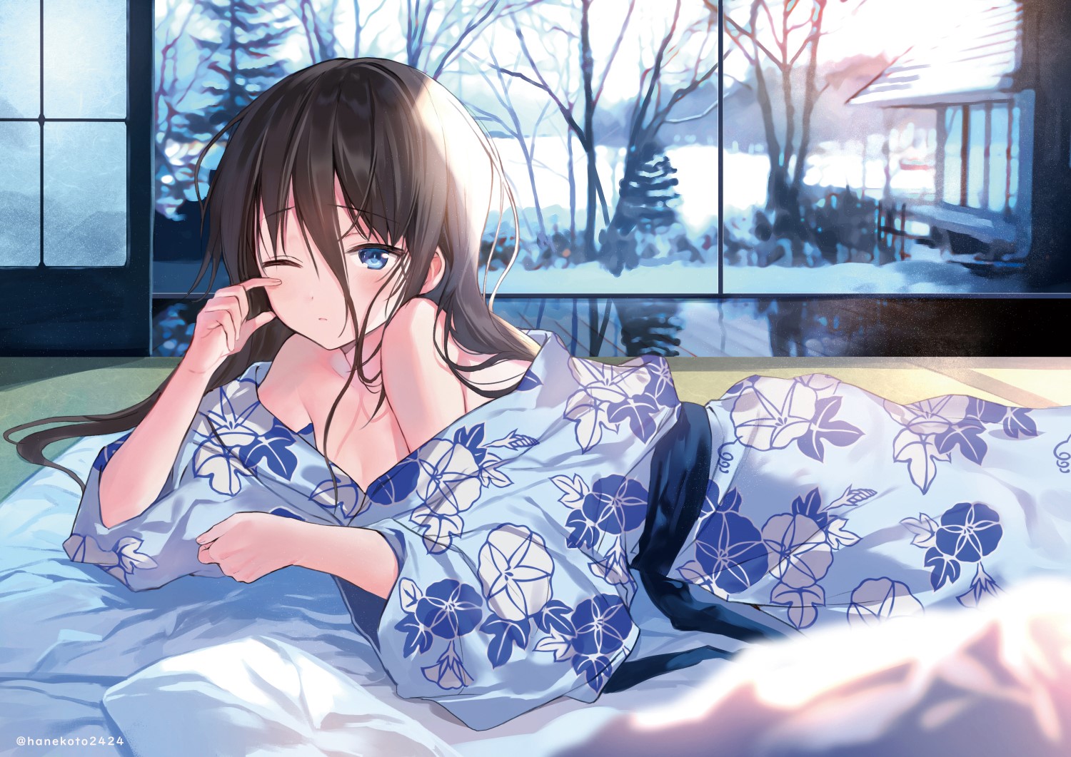 Anime girl in yukata by a window HD Wallpaper