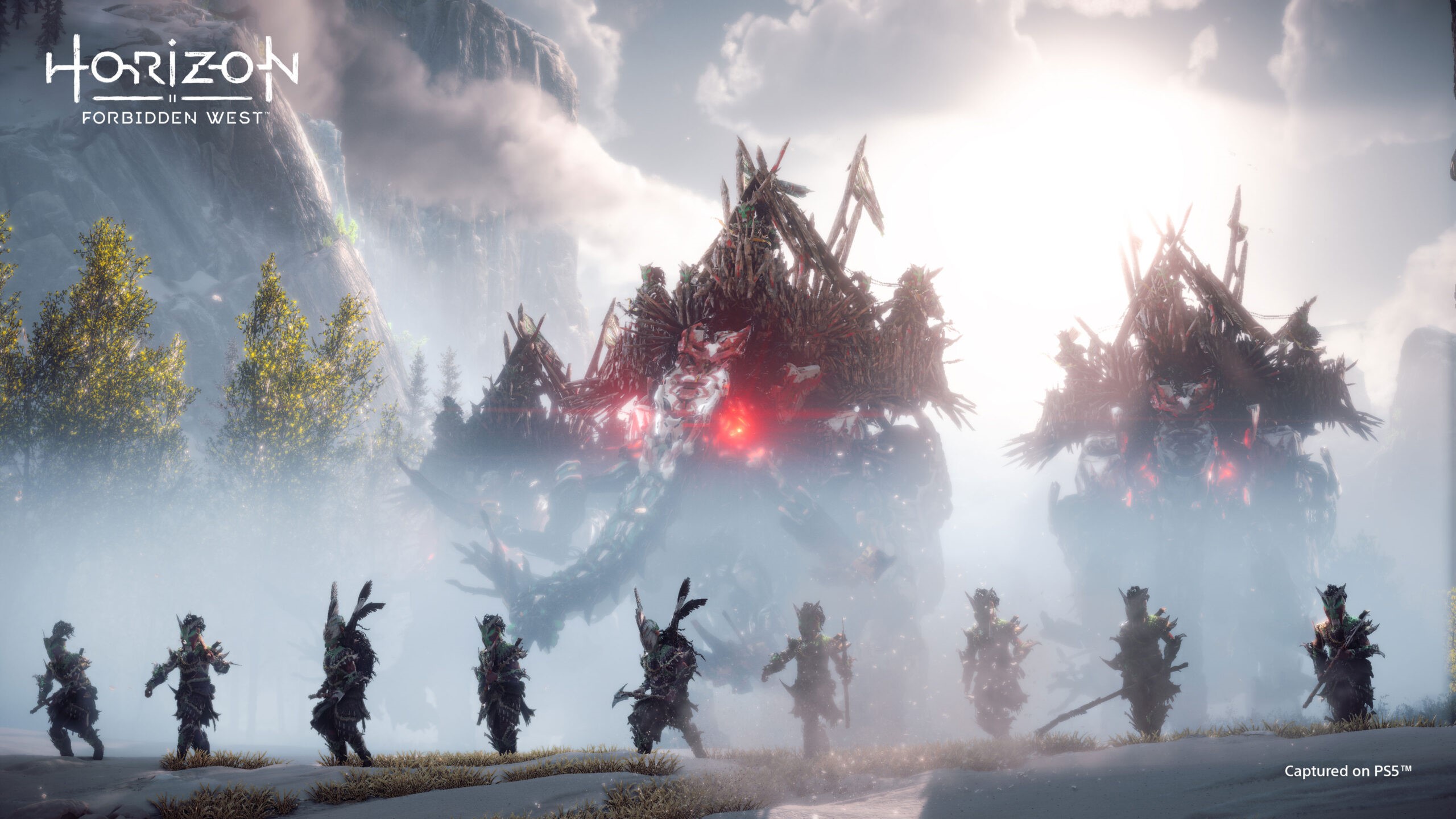 Horizon II: Forbidden West tribesmen and large structures HD Wallpaper