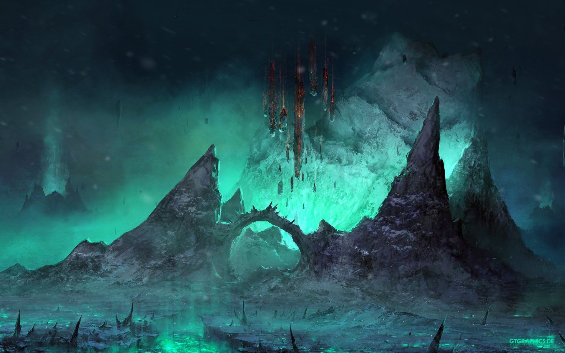 Fantasy landscape with glowing turquoise mountains and ice formations HD Wallpaper