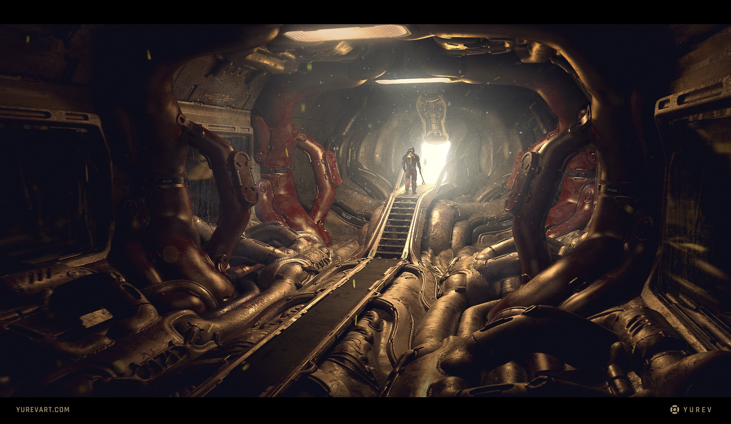 Sci-fi interior with a lone figure on stairs HD Wallpaper