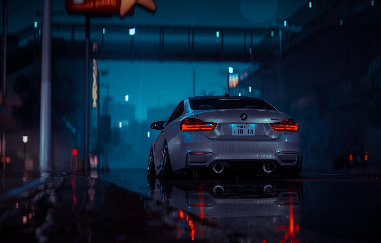 Silver BMW M4 on a wet street at night HD Wallpaper