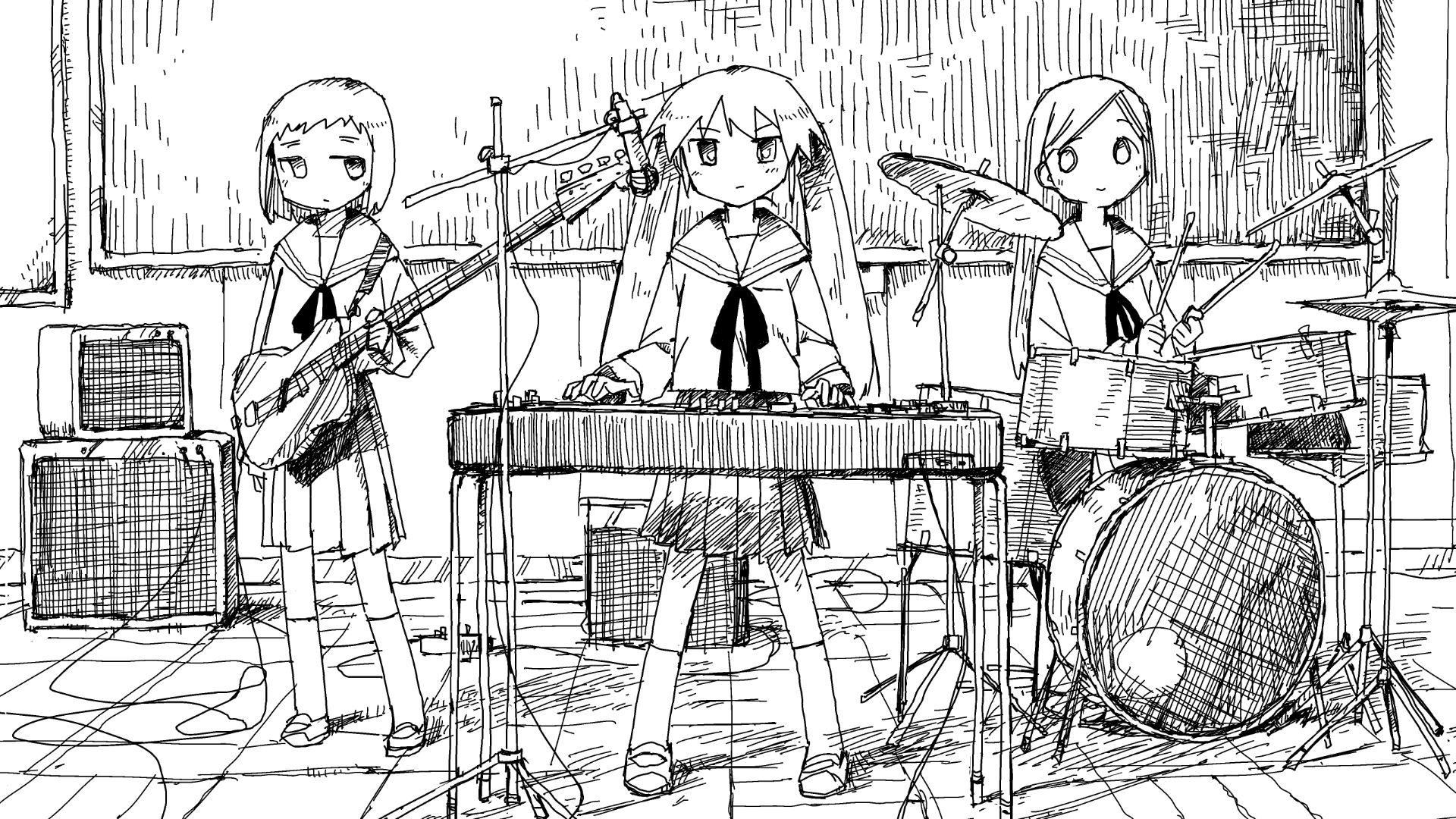 Anime girls playing musical instruments in a band HD Wallpaper