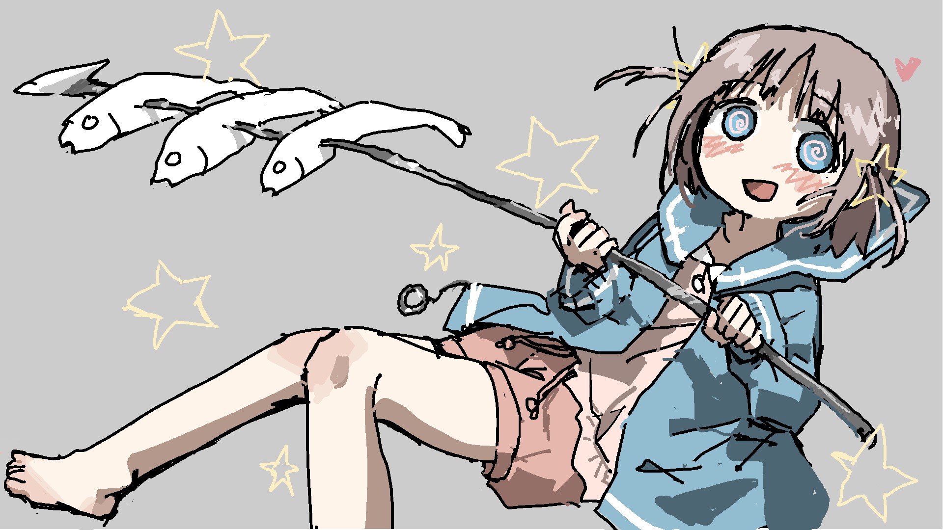 Anime girl holding a stick with fish HD Wallpaper