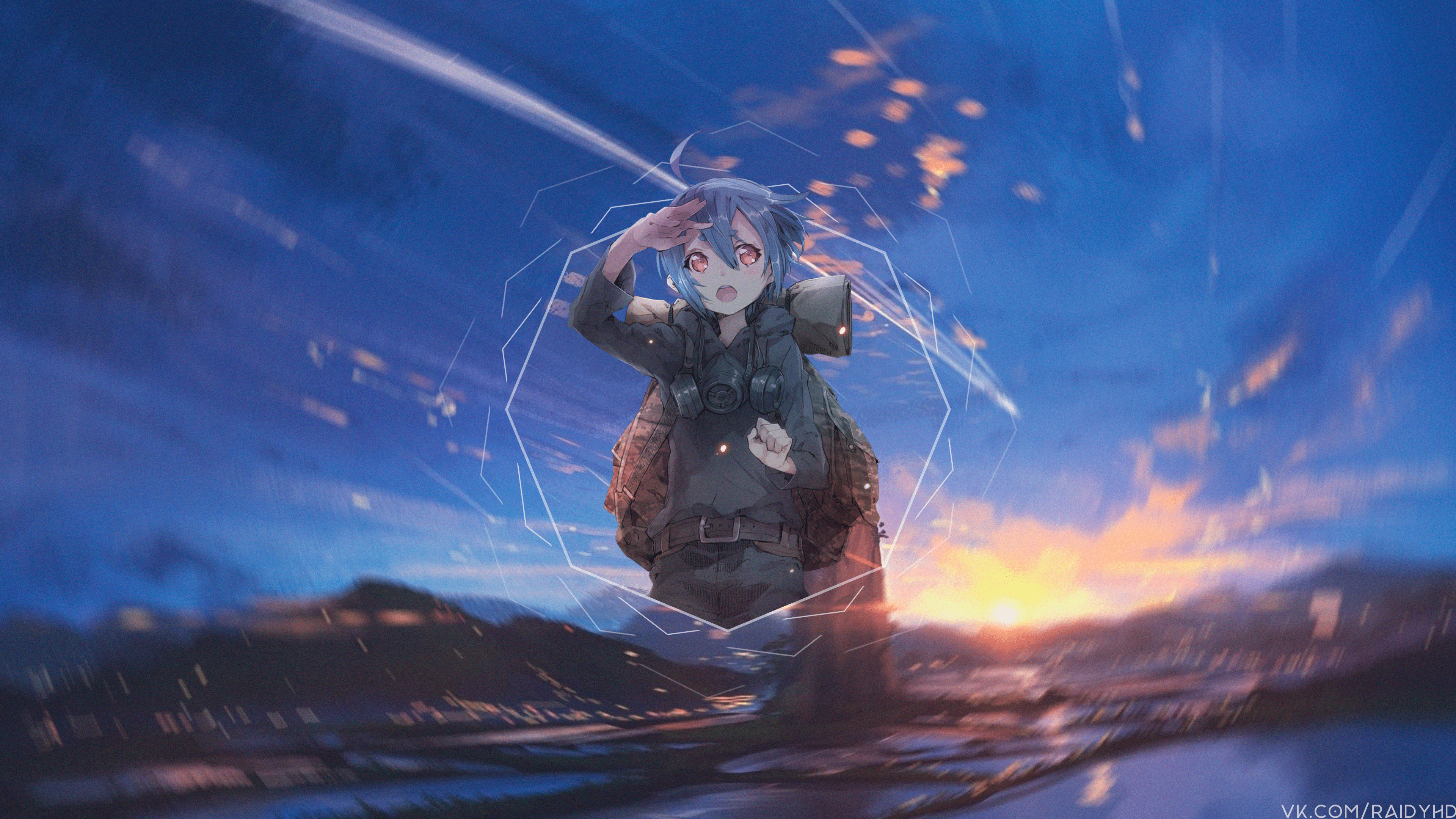 Anime girl with backpack and gas mask at sunset HD Wallpaper