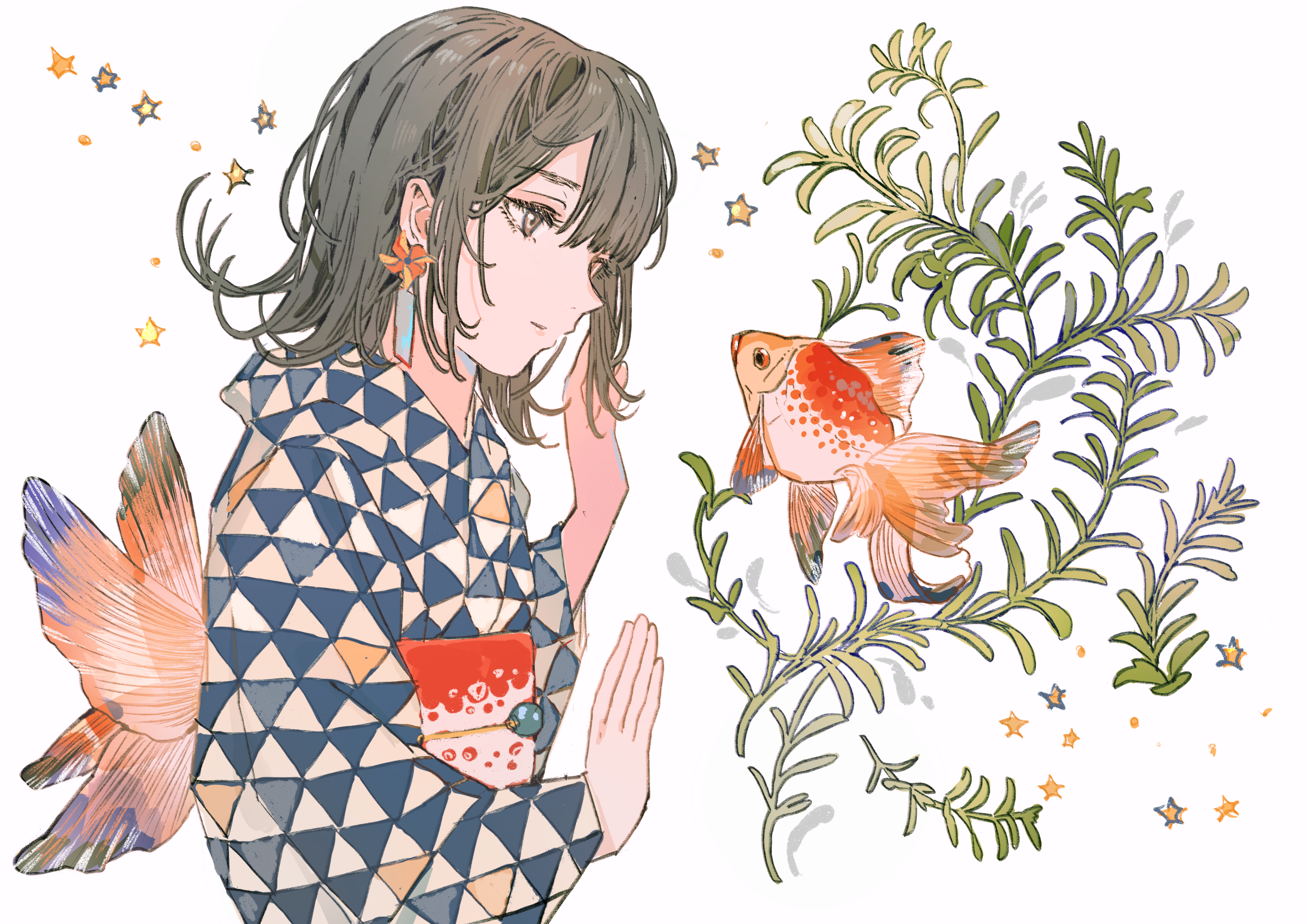 Anime girl in yukata with goldfish and plants HD Wallpaper