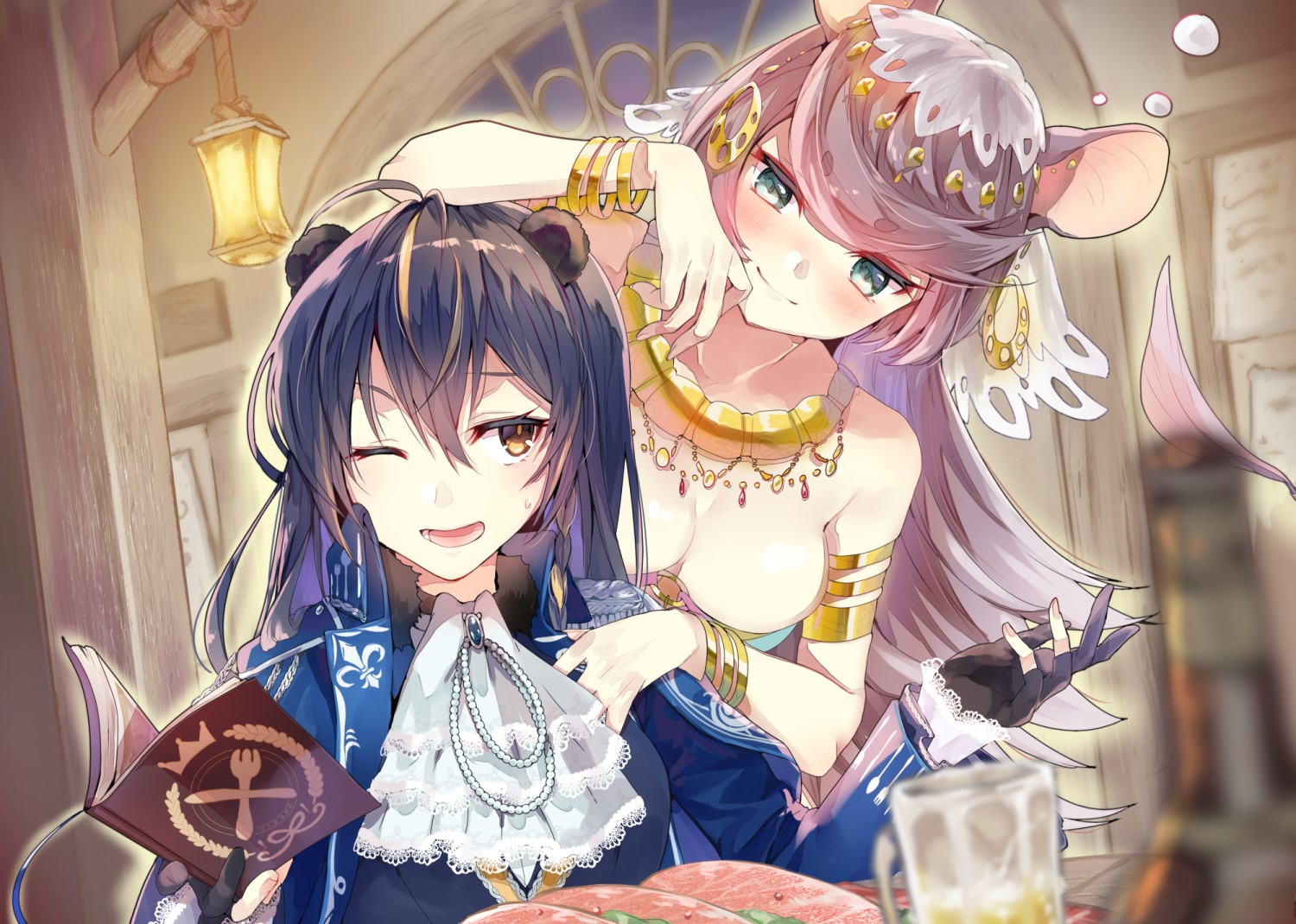 Anime girls with animal ears at a table HD Wallpaper