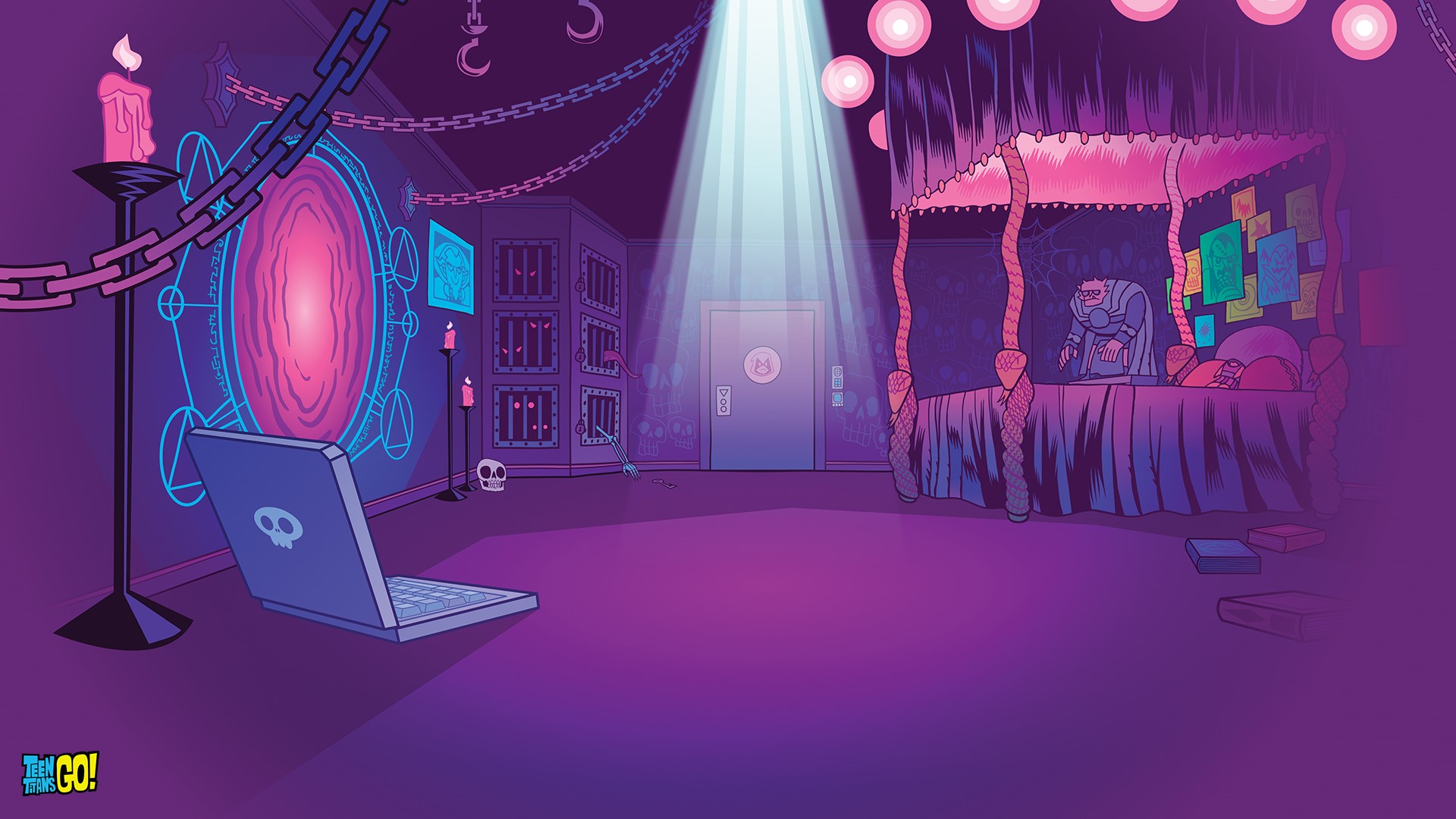 Teen Titans Go! room with portal and bed HD Wallpaper