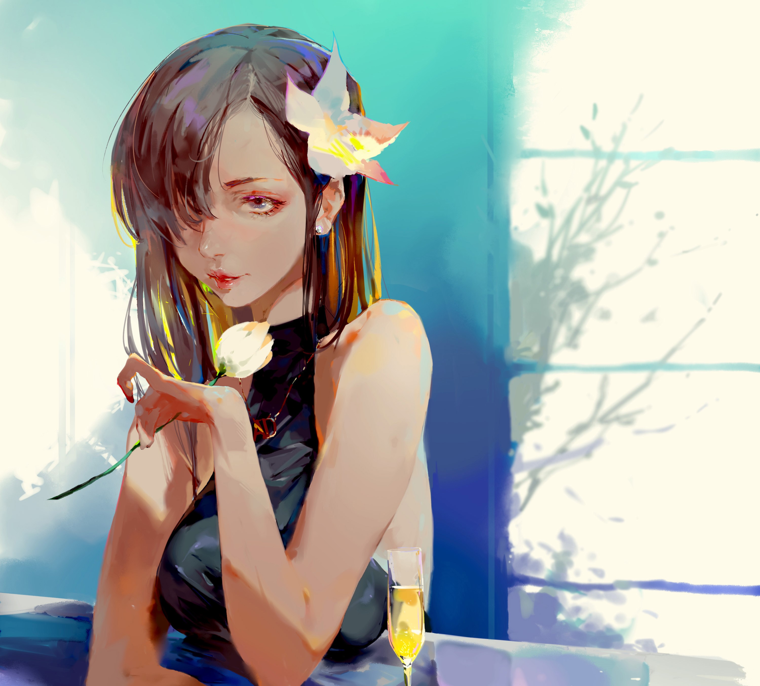 Anime girl with flower and champagne HD Wallpaper