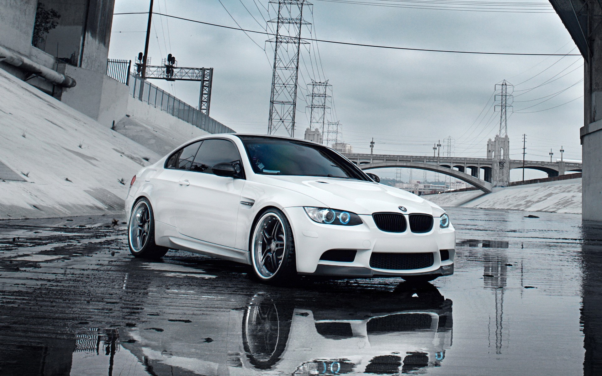 White BMW M3 Coupe in a Concrete Channel HD Wallpaper