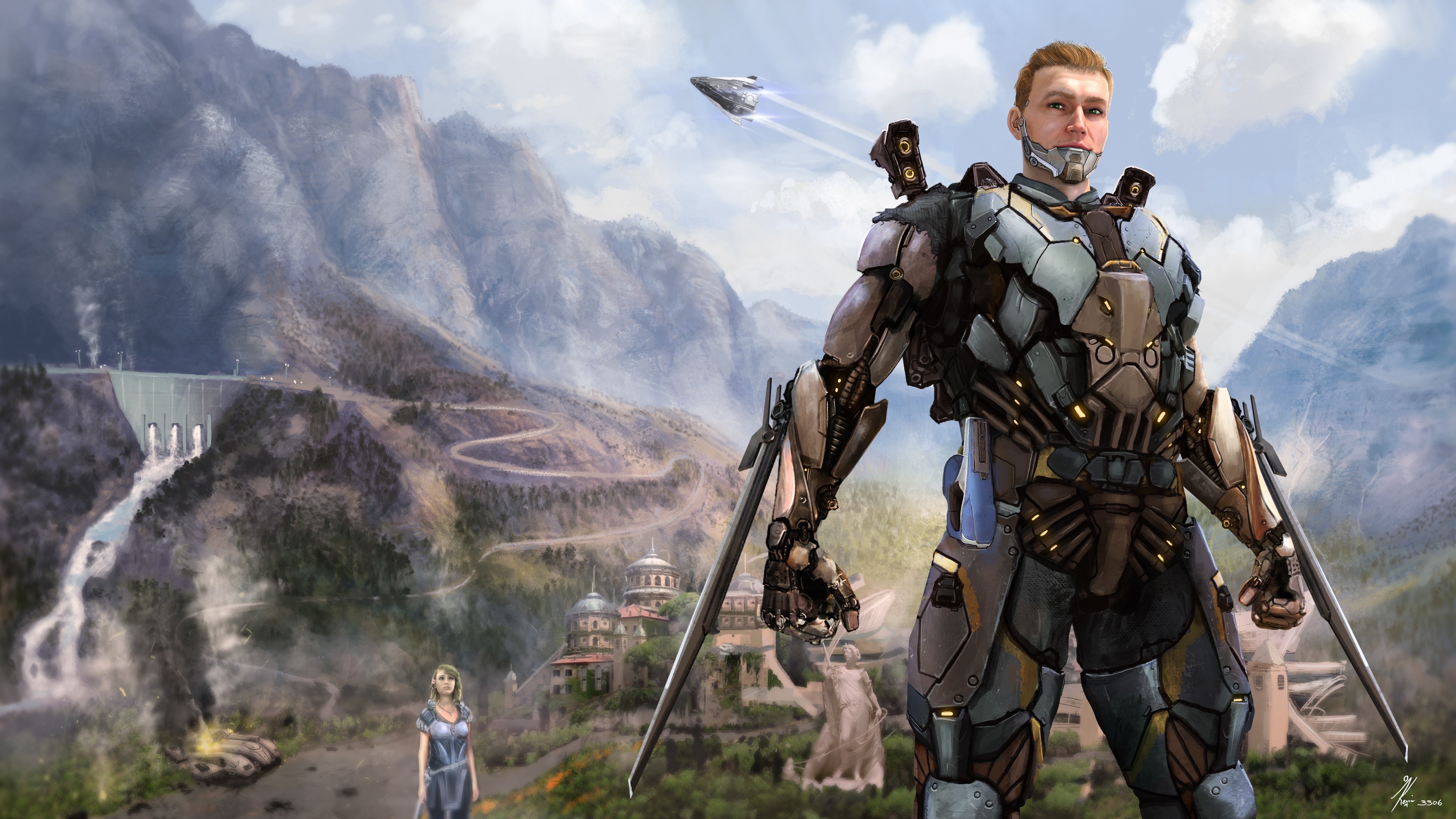Man in cyborg suit with swords in a valley with a dam and spaceship HD Wallpaper