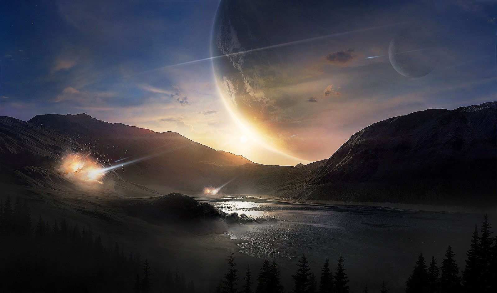 Alien planet landscape with exploding meteorites and large planets HD Wallpaper