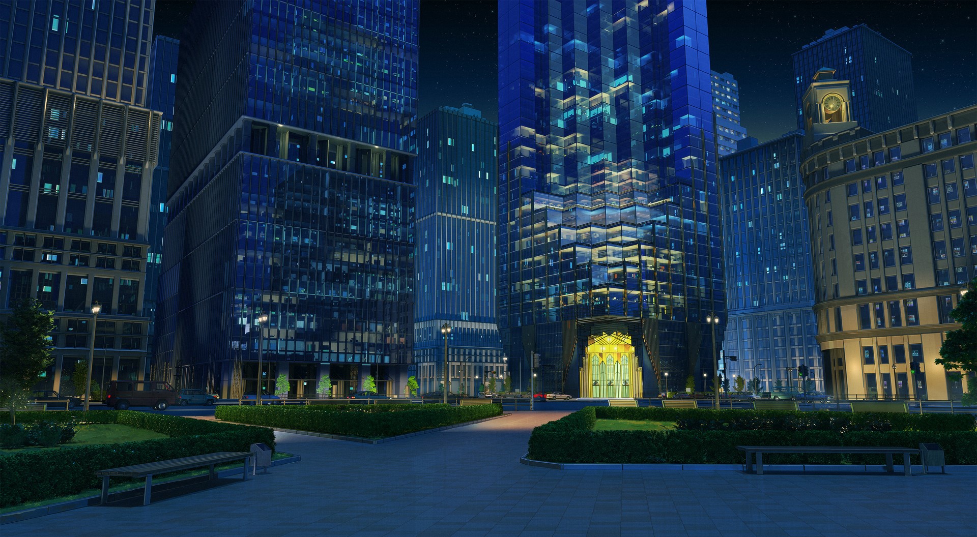 Night cityscape with modern skyscrapers and a park HD Wallpaper