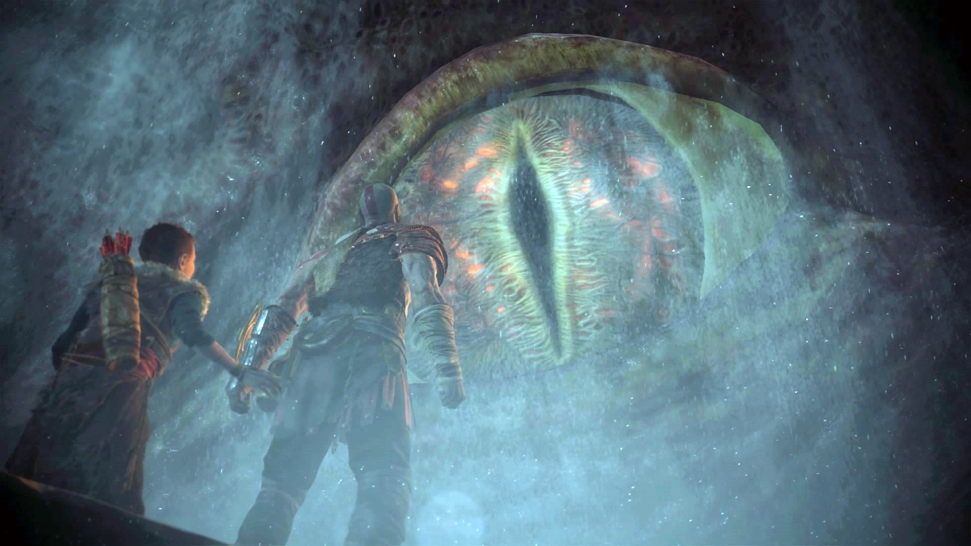 Kratos and Atreus face a giant serpent's eye in God of War HD Wallpaper