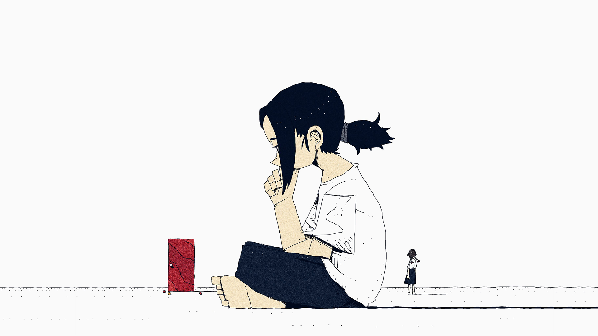 Giant girl sitting near a red door with a small girl in the distance HD Wallpaper