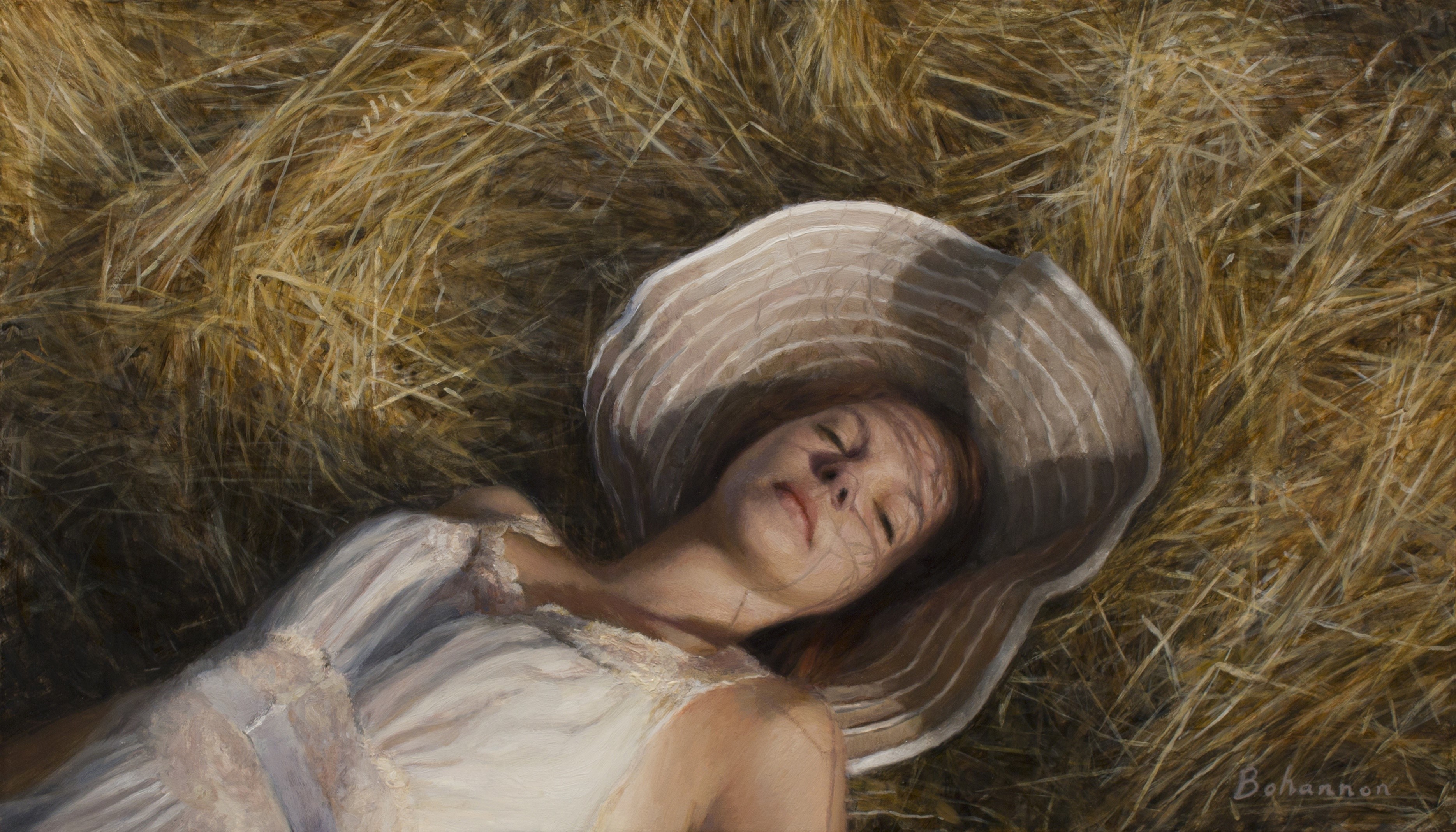 Woman in a straw hat lying in hay HD Wallpaper